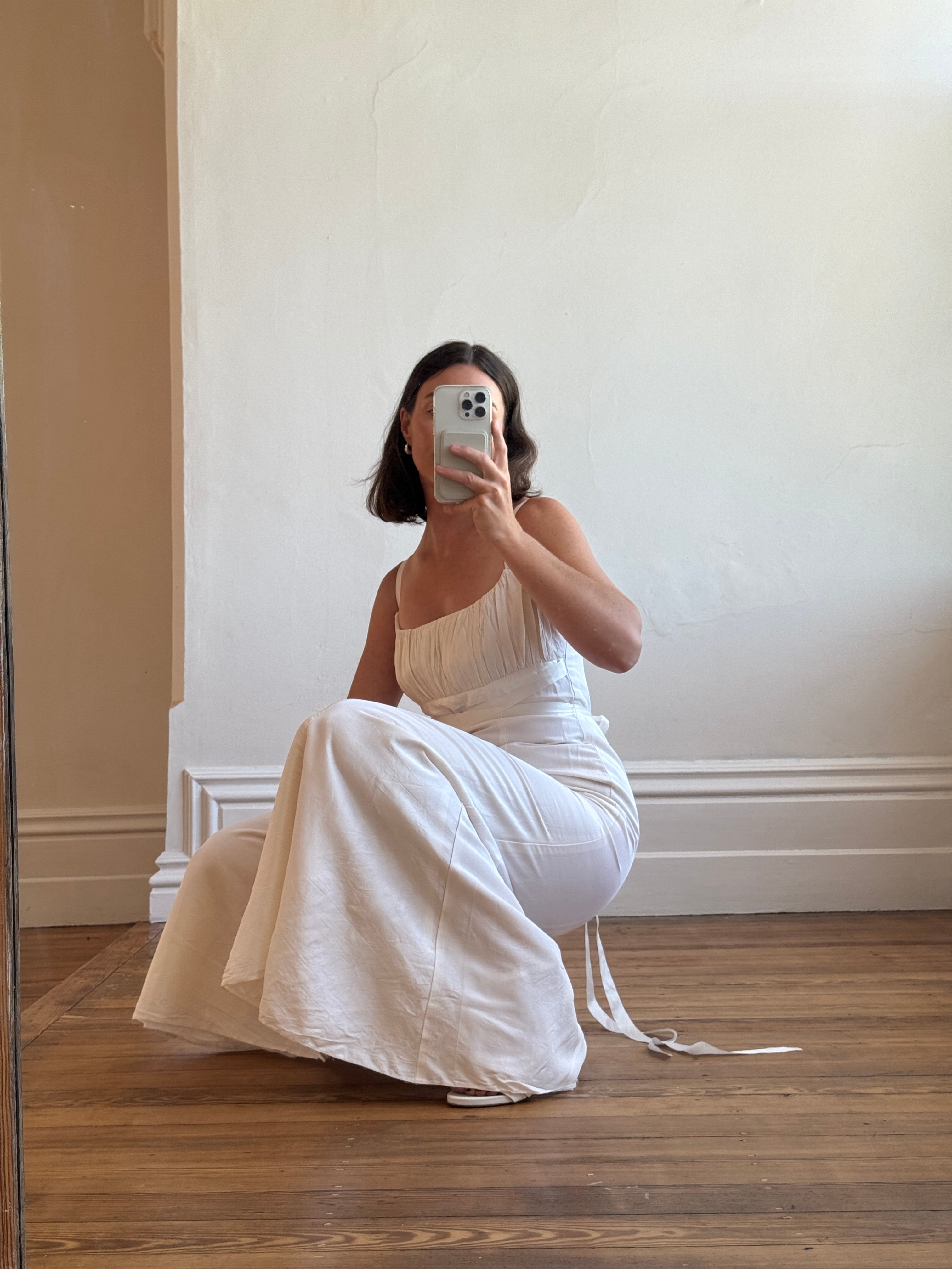 Vintage 90s Ivory Gathered Strappy Gown With Ribbon