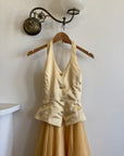 Vintage 80s Golden Chiffon Peplum Evening Gown