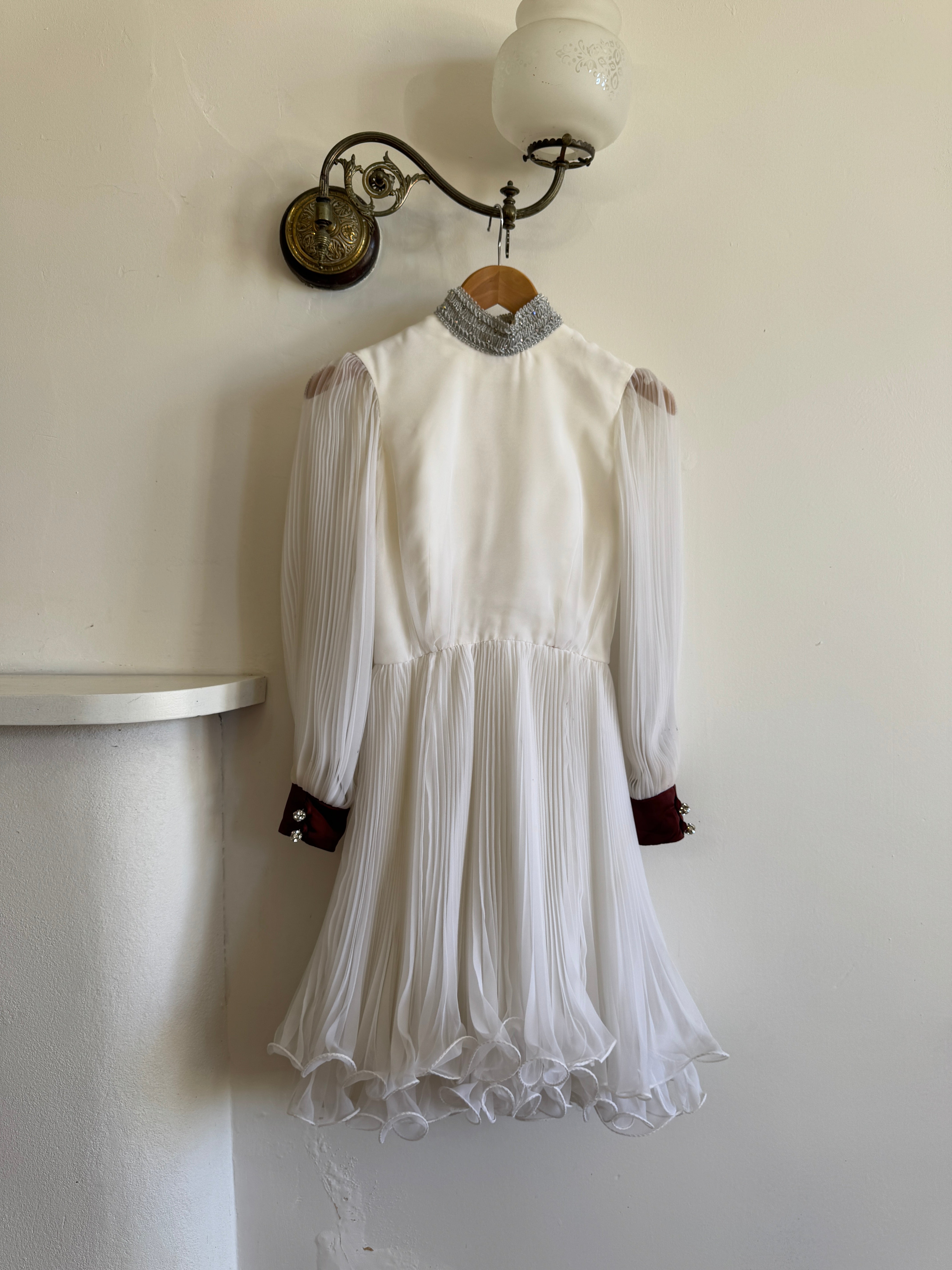 Vintage 70s Pleated Souffle Mini Dress White