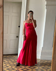 Vintage 90s Pure Silk Beaded Halter Gown Lipstick Red