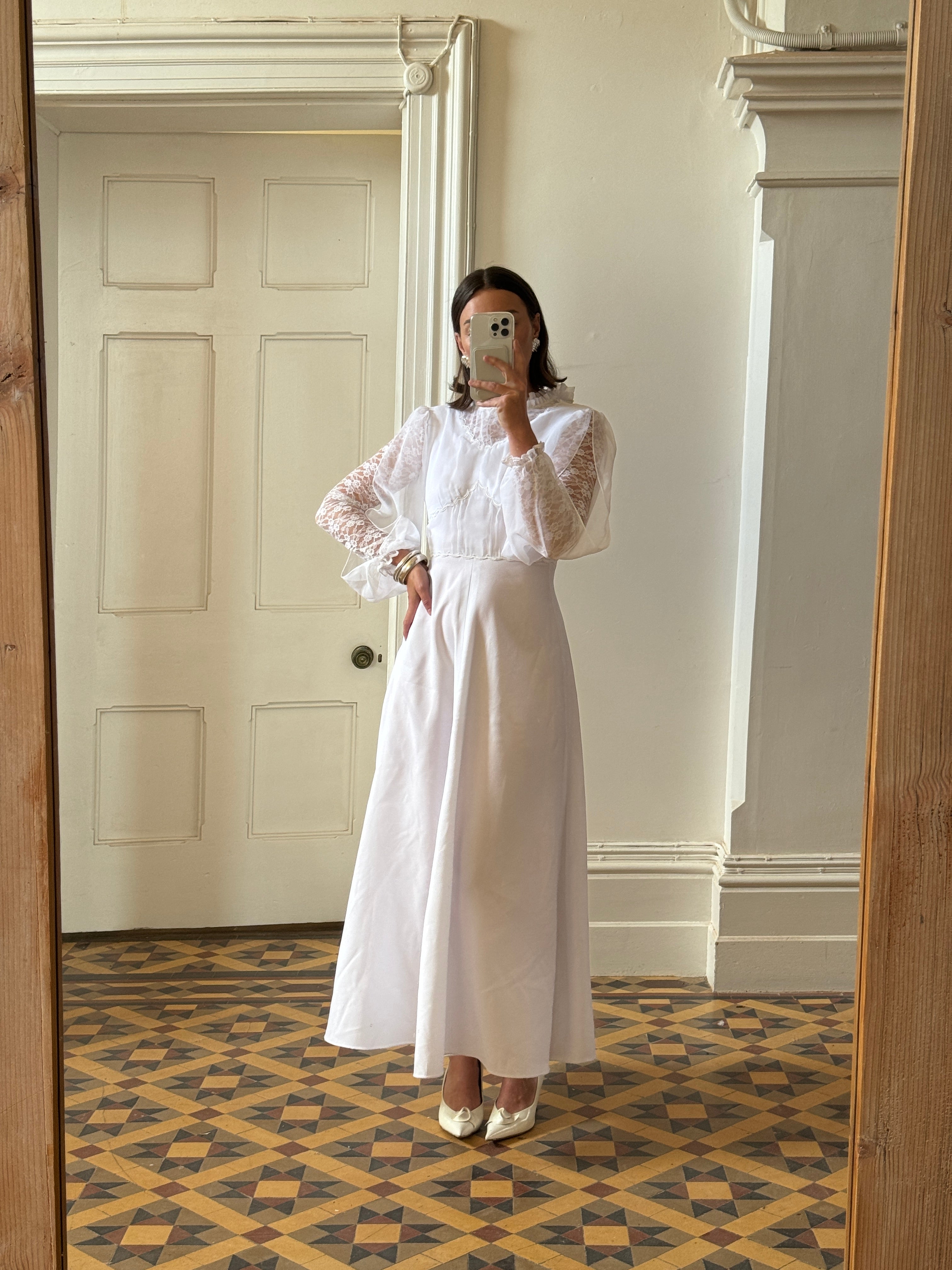 Vintage 70s Panelled Bridal Midi Dress Snow