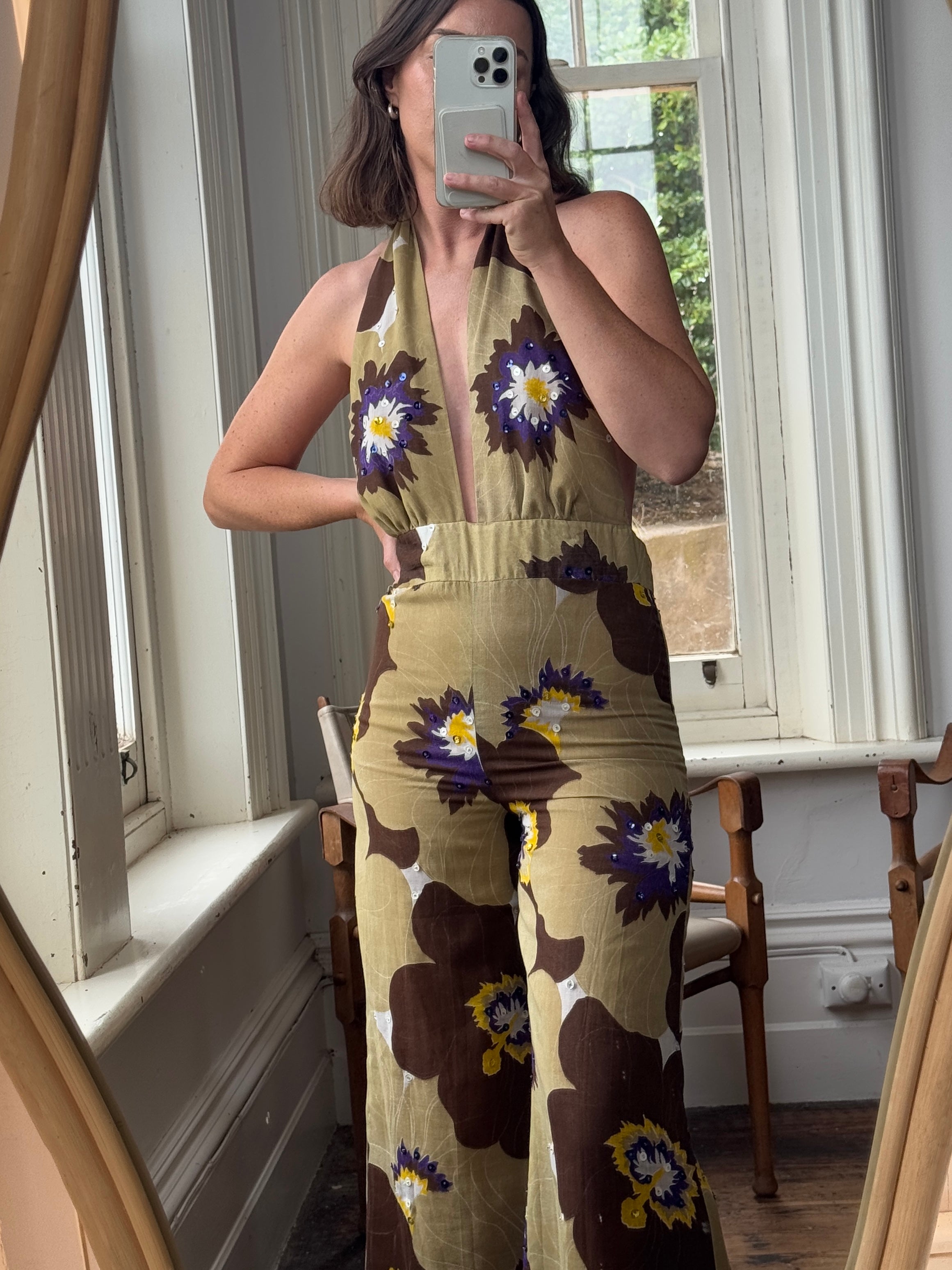 Vintage 70s Floral Backless Palazzo Jumpsuit