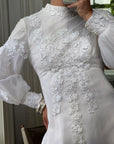 Vintage 60s Chiffon Floral Applique Wedding Gown with Sheer Daisy Train