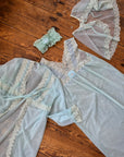 Vintage 50s 4-Piece Peignoir and Slip Set Aqua Lace Rosette