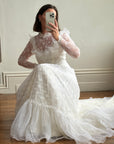 Vintage 70s Embroidered Lace Wedding Gown With Train