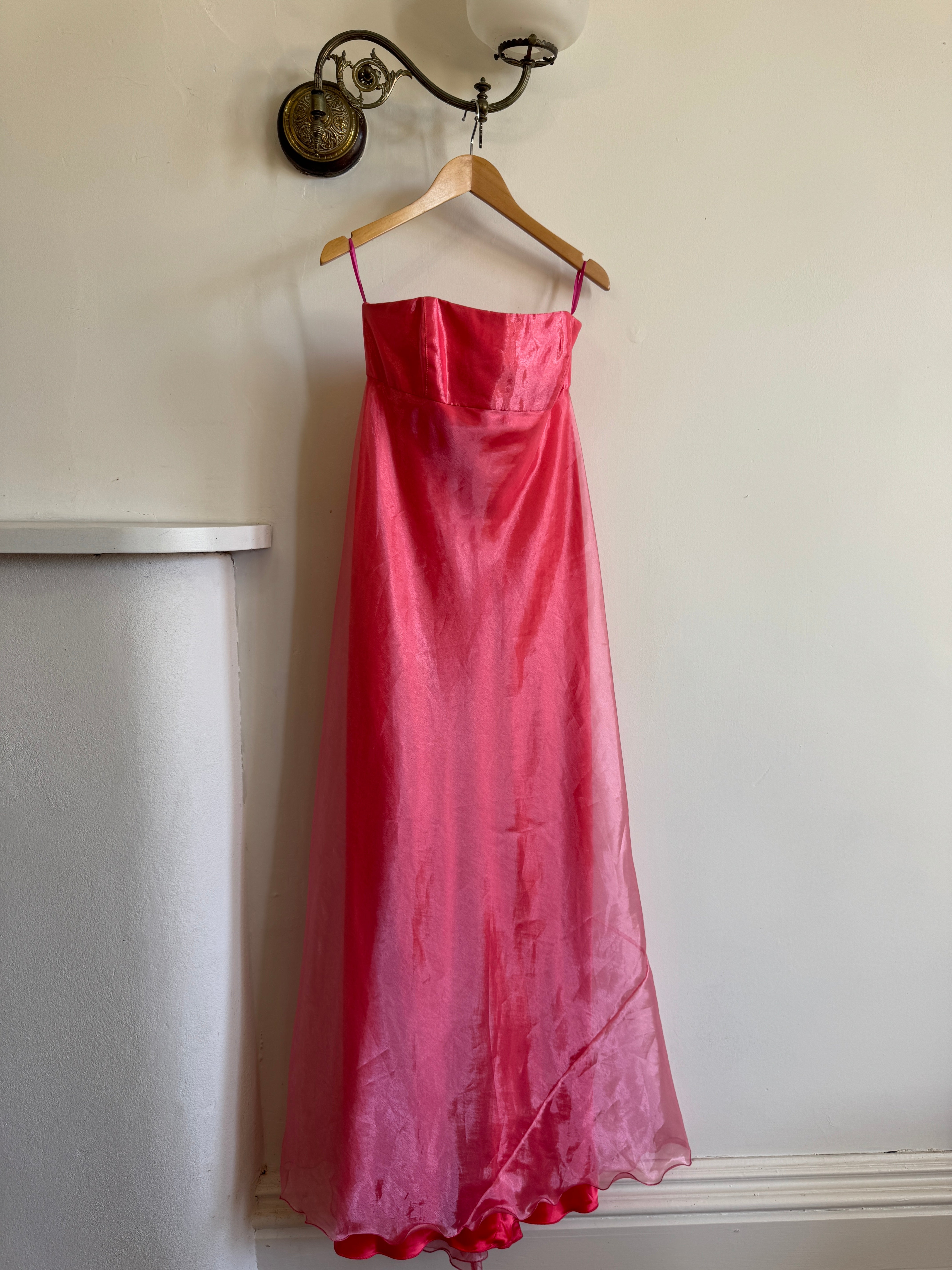 Vintage 90s Watermelon Shimmer Organza Strapless Gown