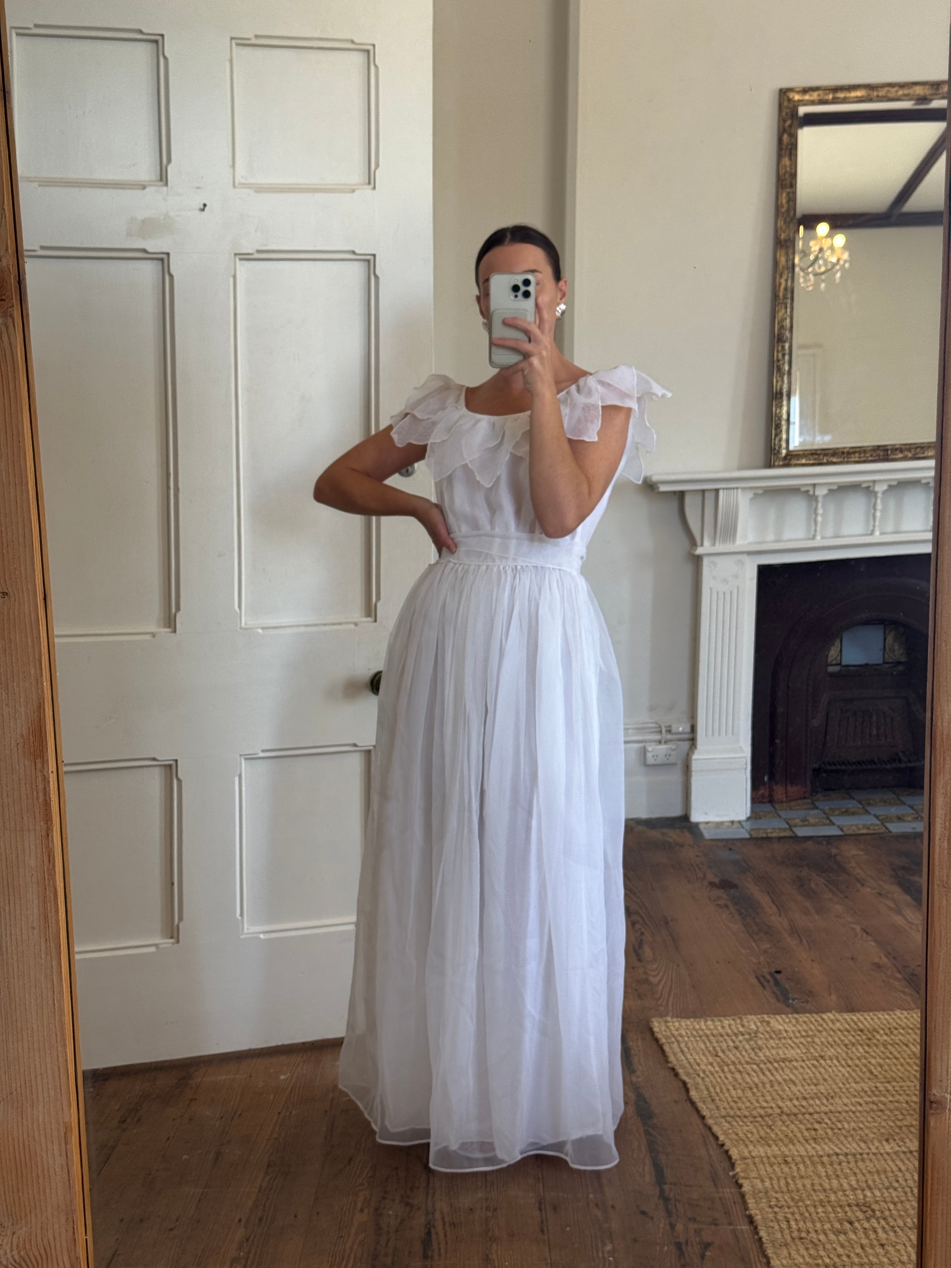 Vintage 70s Organza Fairy Teardrop Wedding Dress