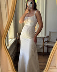 Vintage 90s Ivory Gathered Strappy Gown With Ribbon