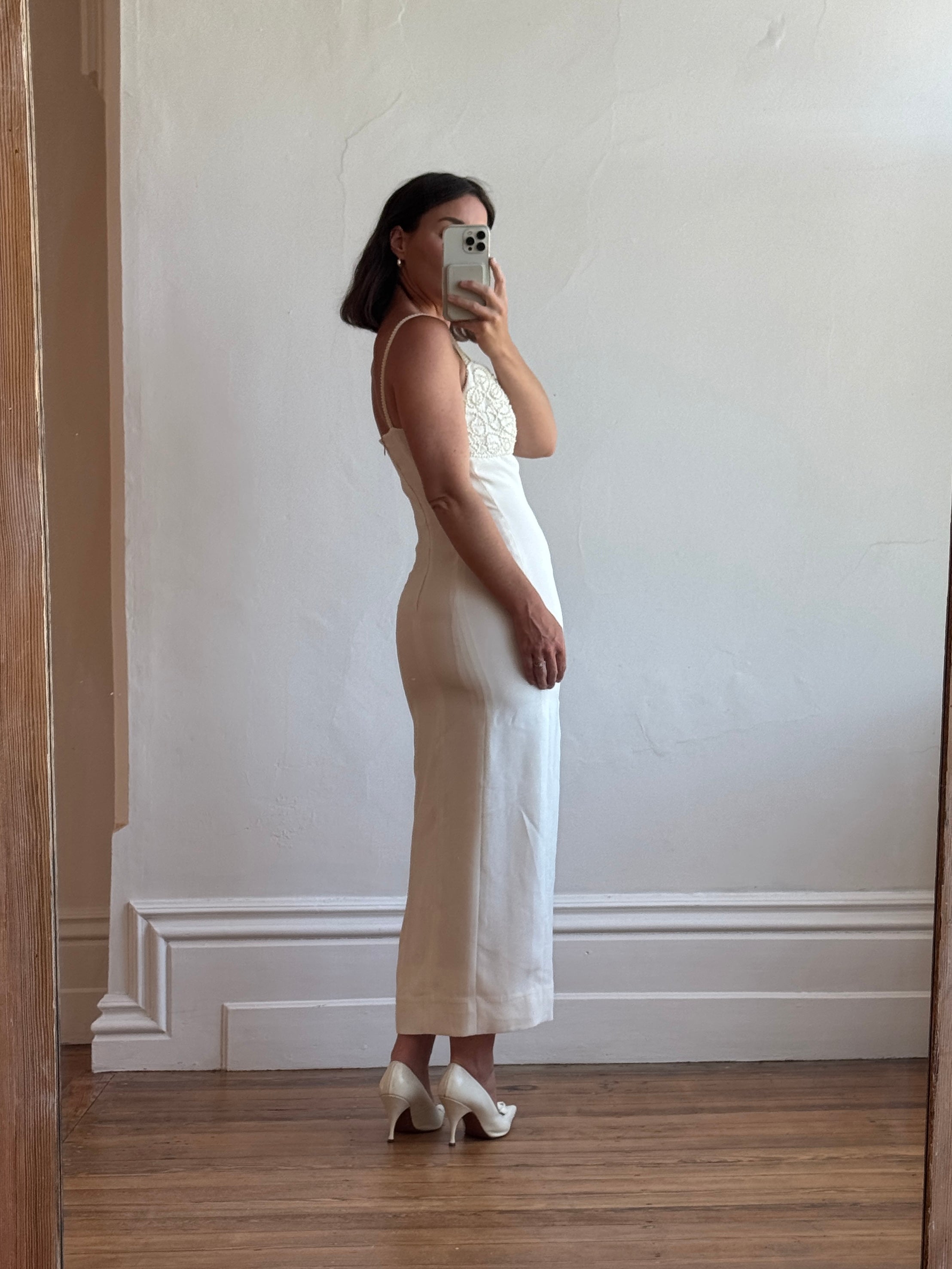 Vintage 90s Pearl Crepe Bridal Midi with Split