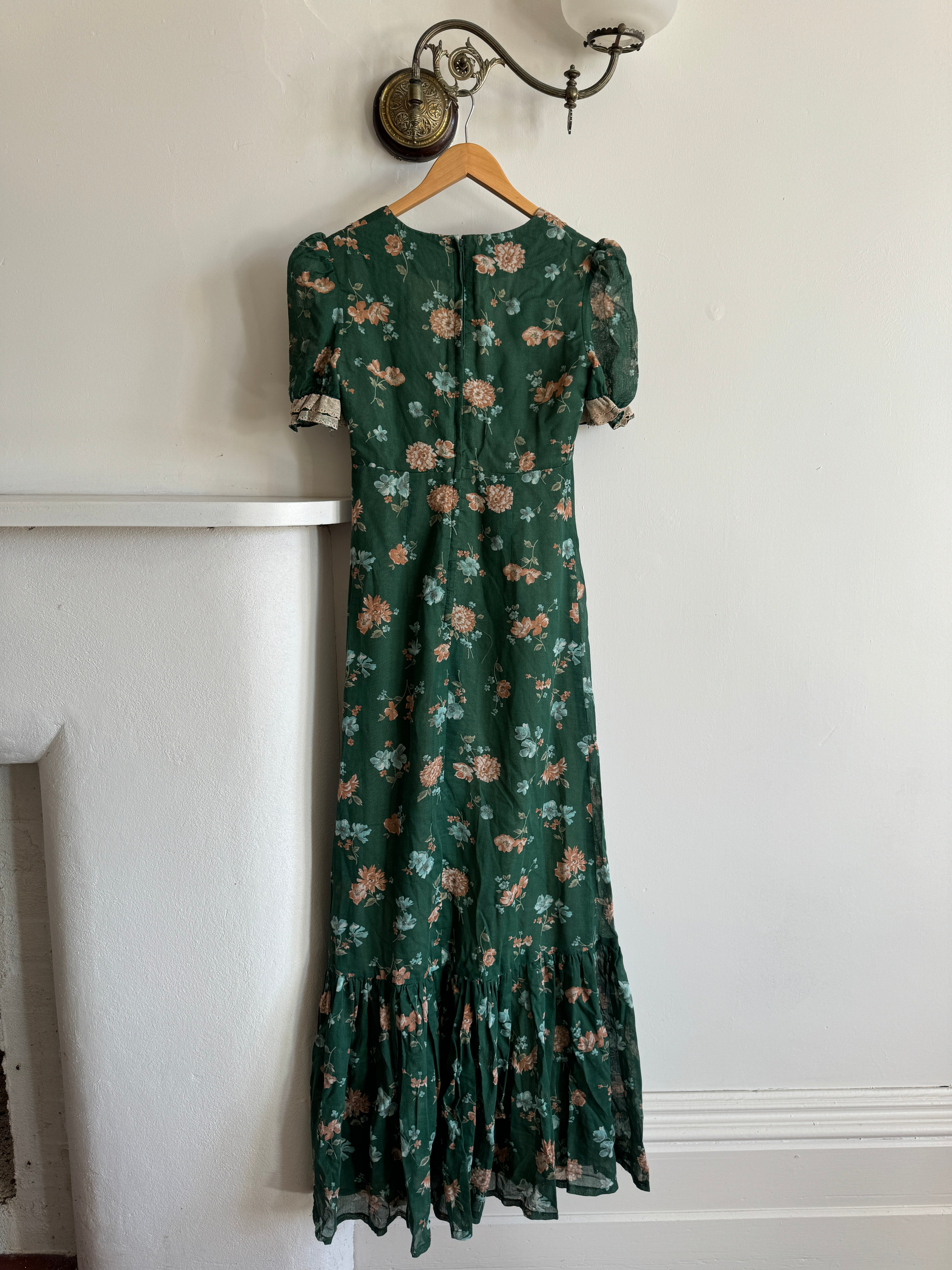 Vintage 70s Teal Garden Dress with Creme Lace