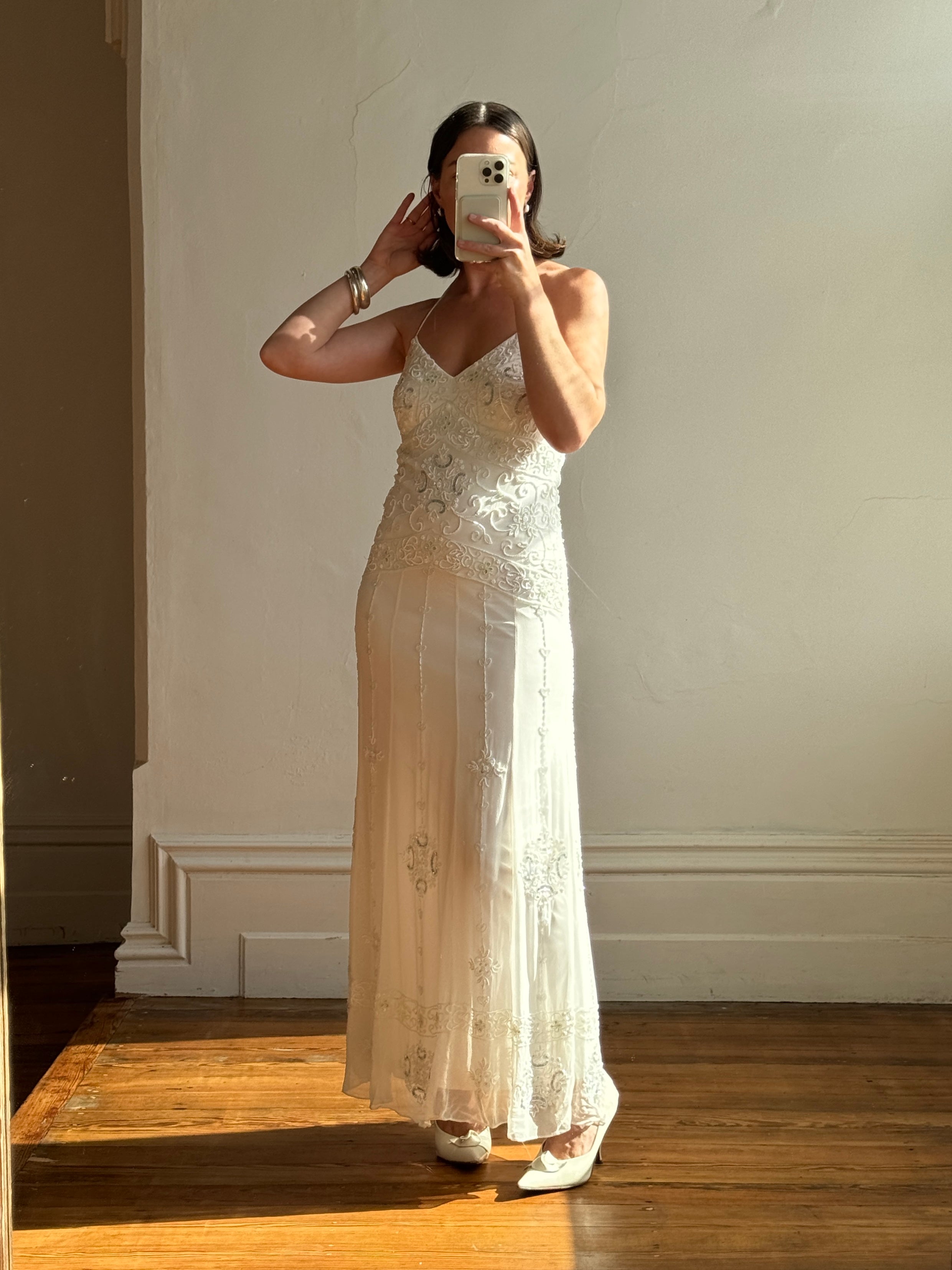 Vintage 90s Pure Silk Beaded Bridal Halter Midi Dress