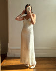 Vintage 90s Pure Silk Beaded Bridal Halter Midi Dress