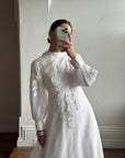 Vintage 60s Chiffon Floral Applique Wedding Gown with Sheer Daisy Train