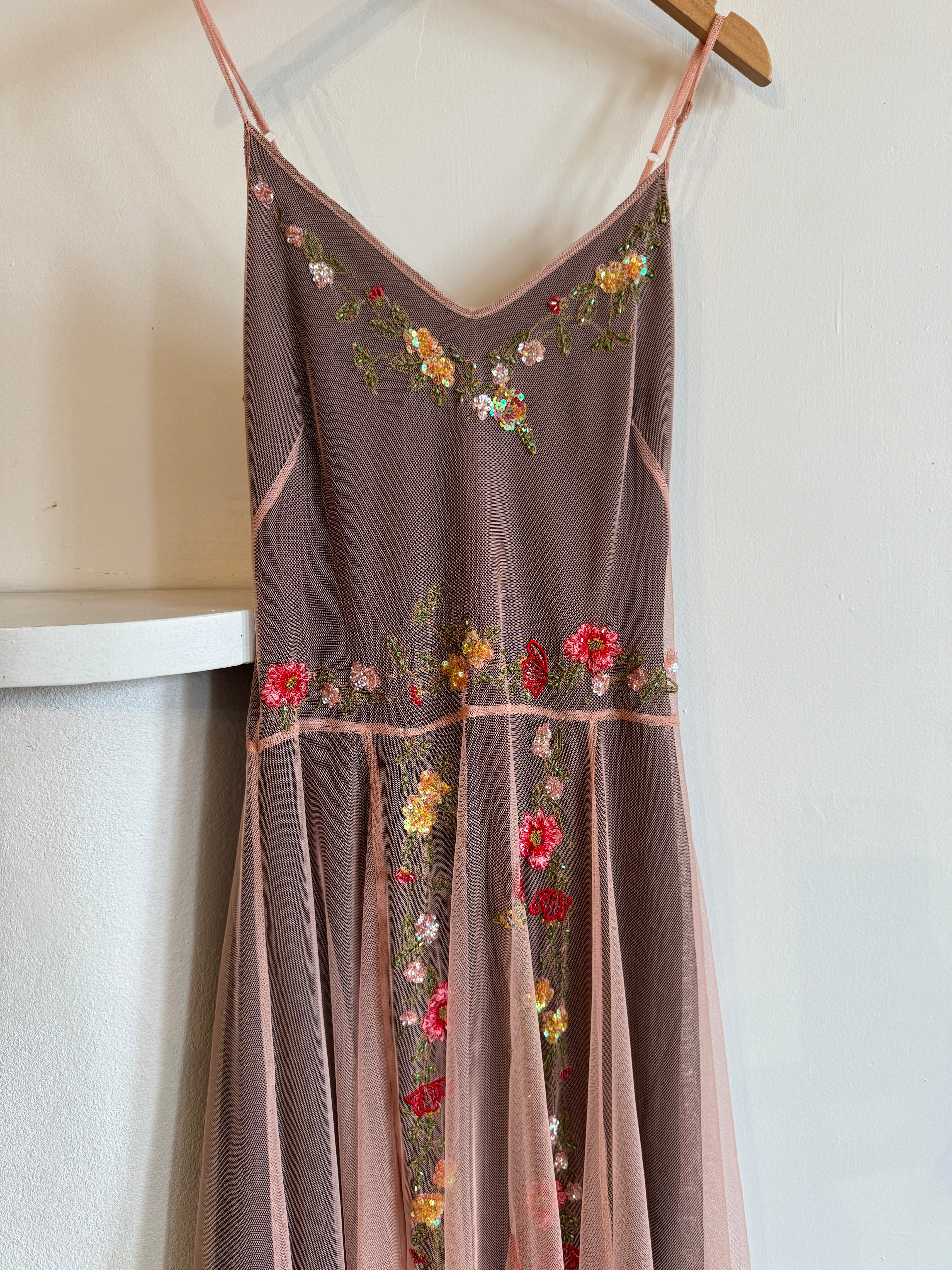 Vintage Y2K Mocha Silk Mesh Fairy Dress Sequin Floral