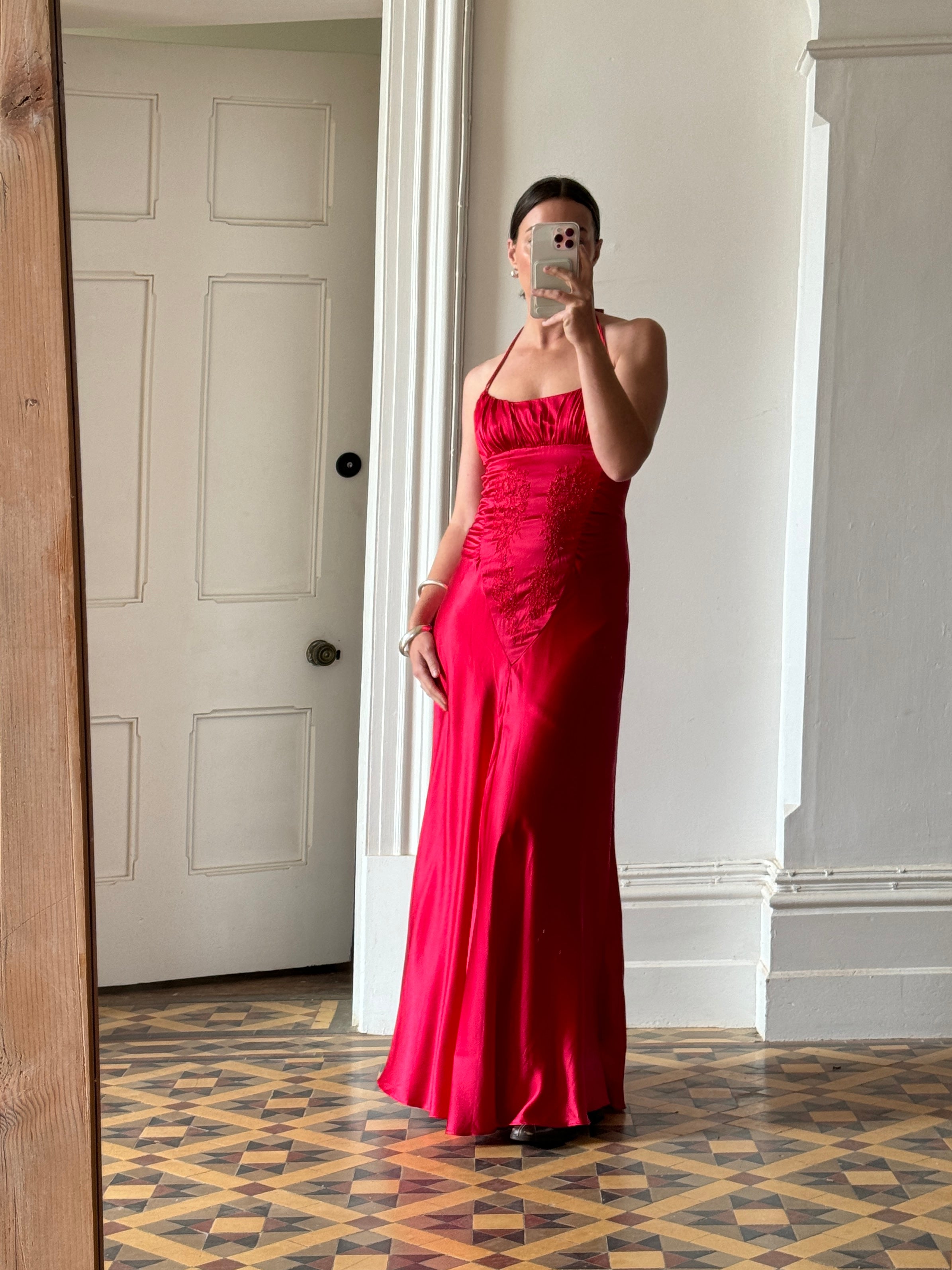 Vintage 90s Pure Silk Beaded Halter Gown Lipstick Red