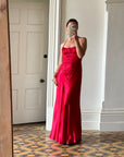 Vintage 90s Pure Silk Beaded Halter Gown Lipstick Red