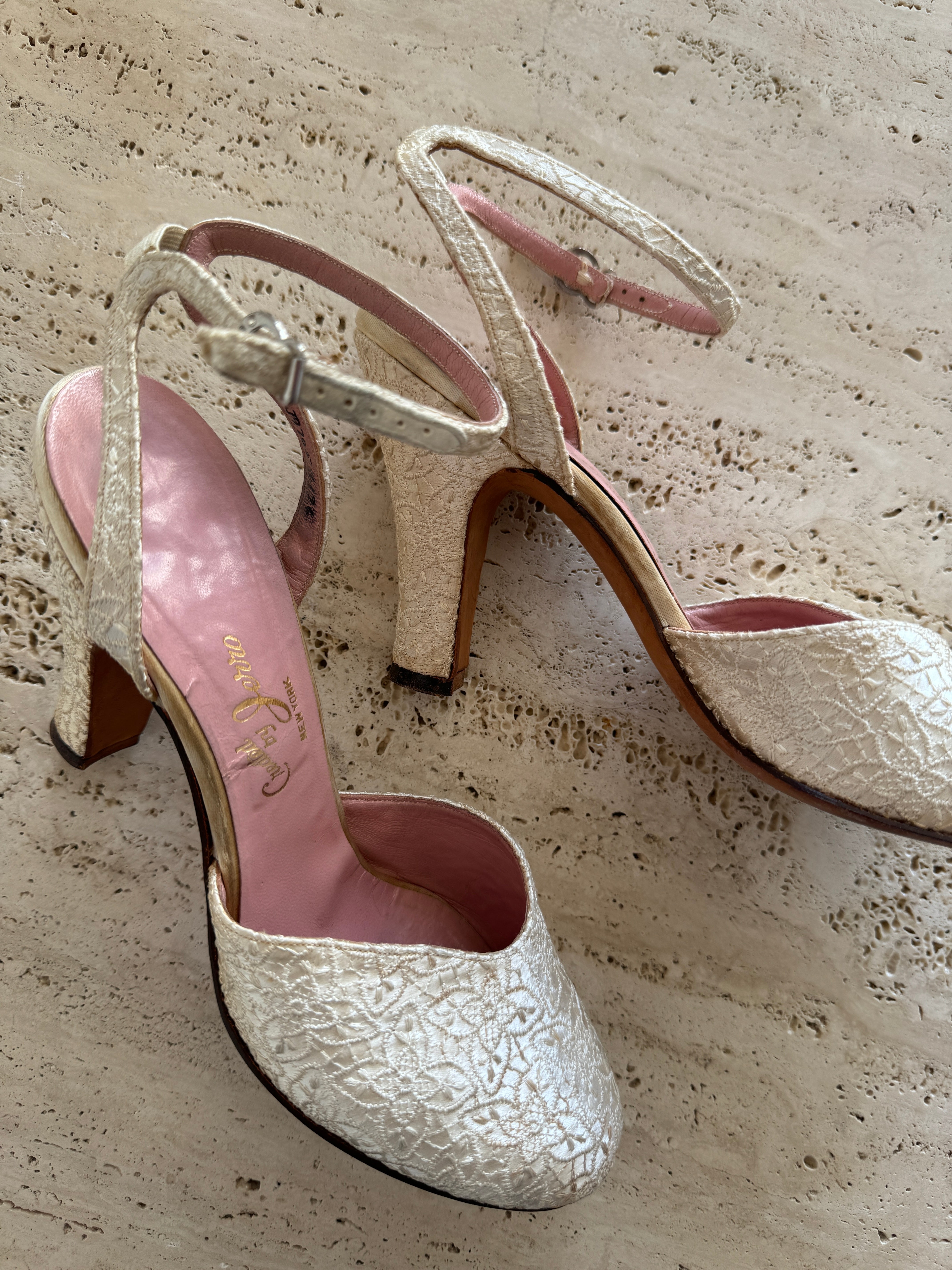 Vintage Hand Stitched Ivory Floral Bridal Heels