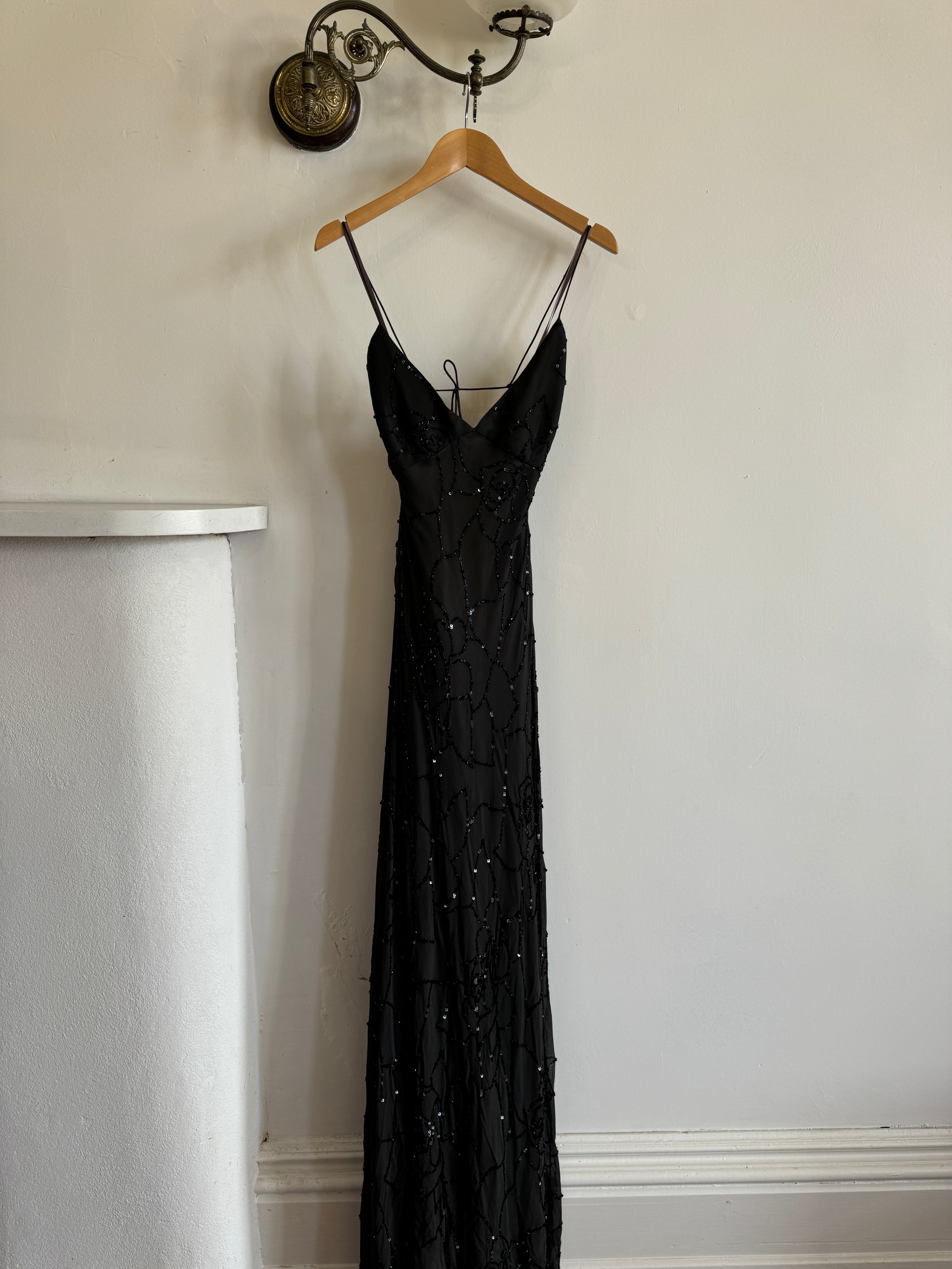 Vintage 90s Pure Silk Bias Cut Embroidered Backless Dress Charcoal