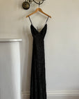 Vintage 90s Pure Silk Bias Cut Embroidered Backless Dress Charcoal