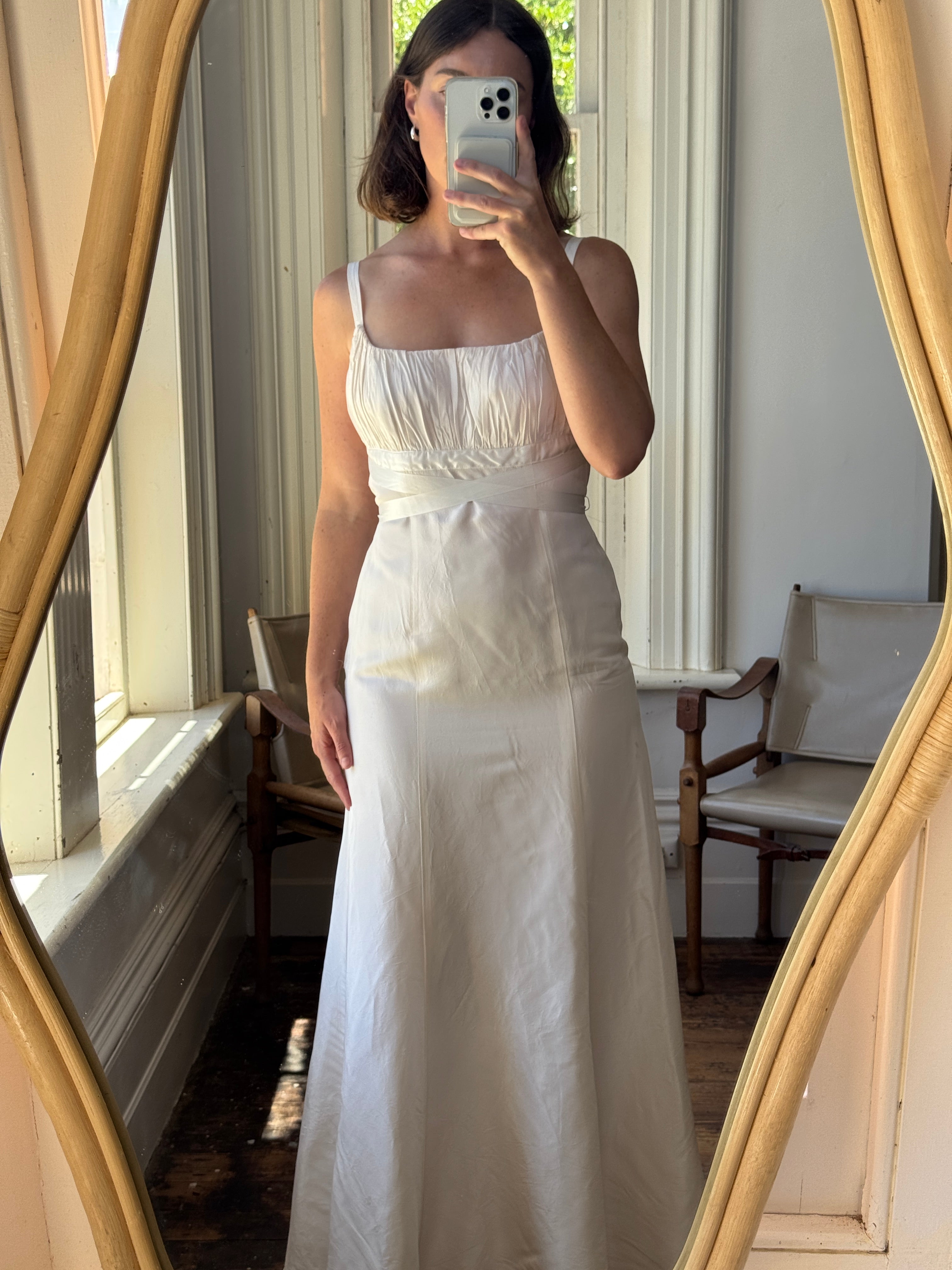 Vintage 90s Ivory Gathered Strappy Gown With Ribbon