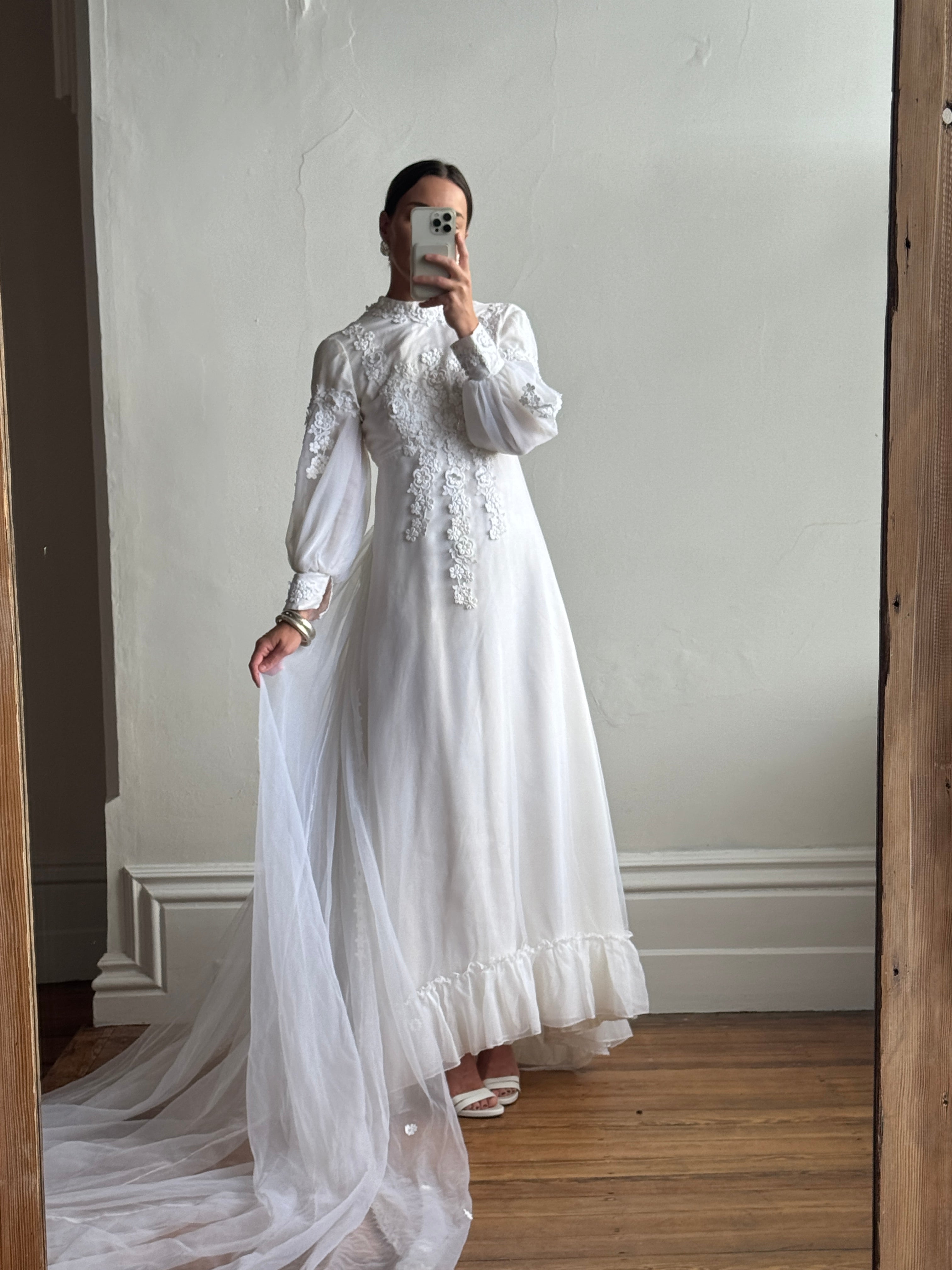 Vintage 60s Chiffon Floral Applique Wedding Gown with Sheer Daisy Train