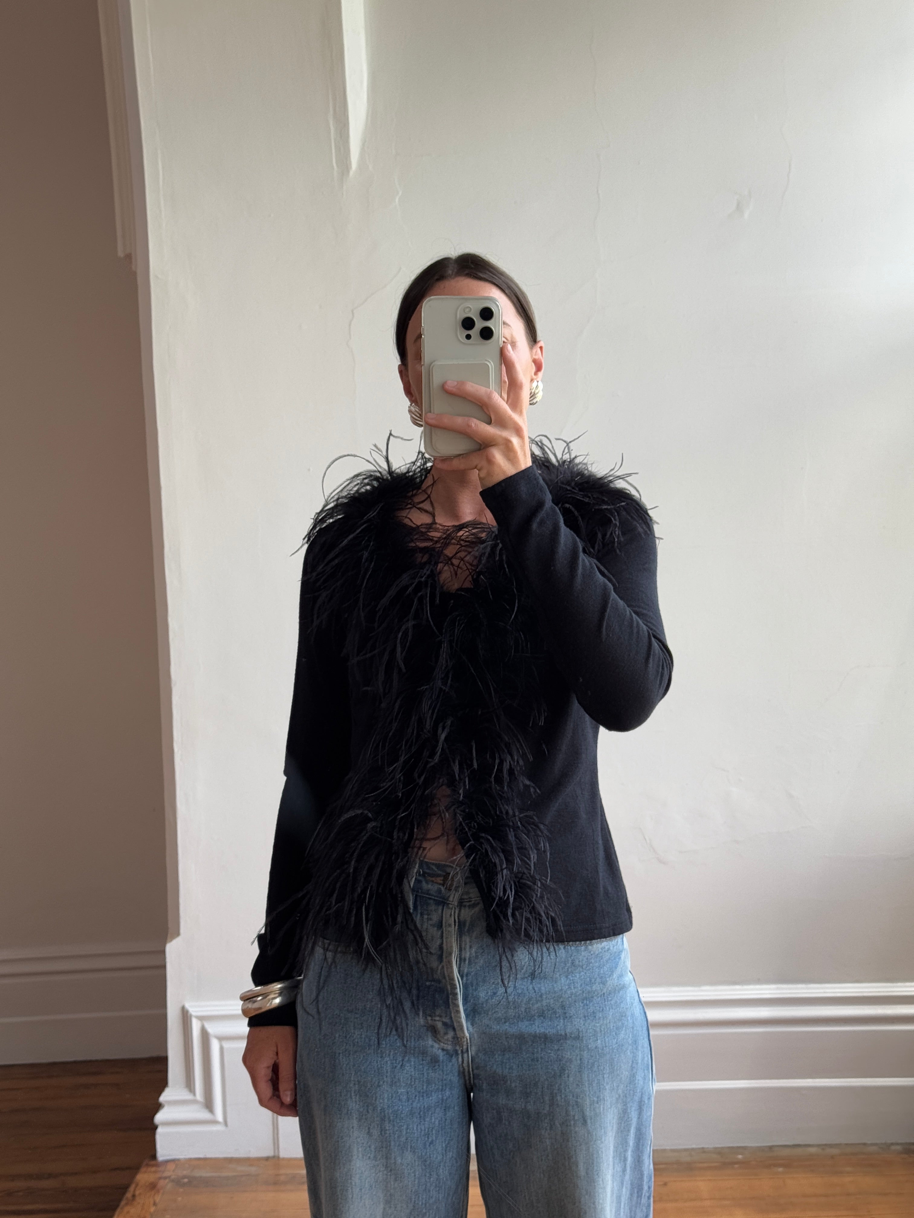 Vintage 90s Ostrich Feather Cardi Noir