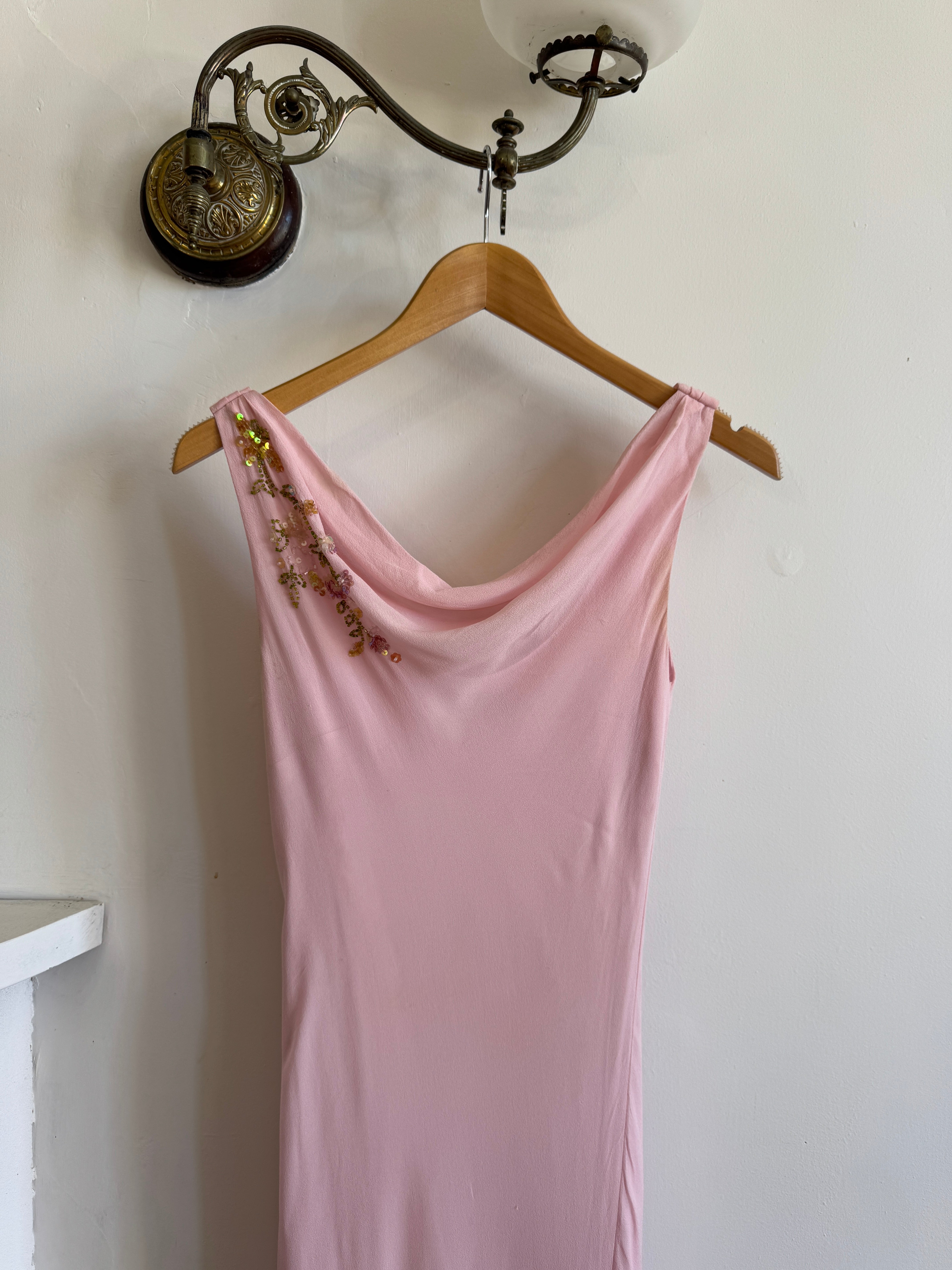 Vintage 90s Pure Silk Beaded Dress Baby Pink