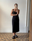 Vintage 80s Black Jersey Lace Slip Midi