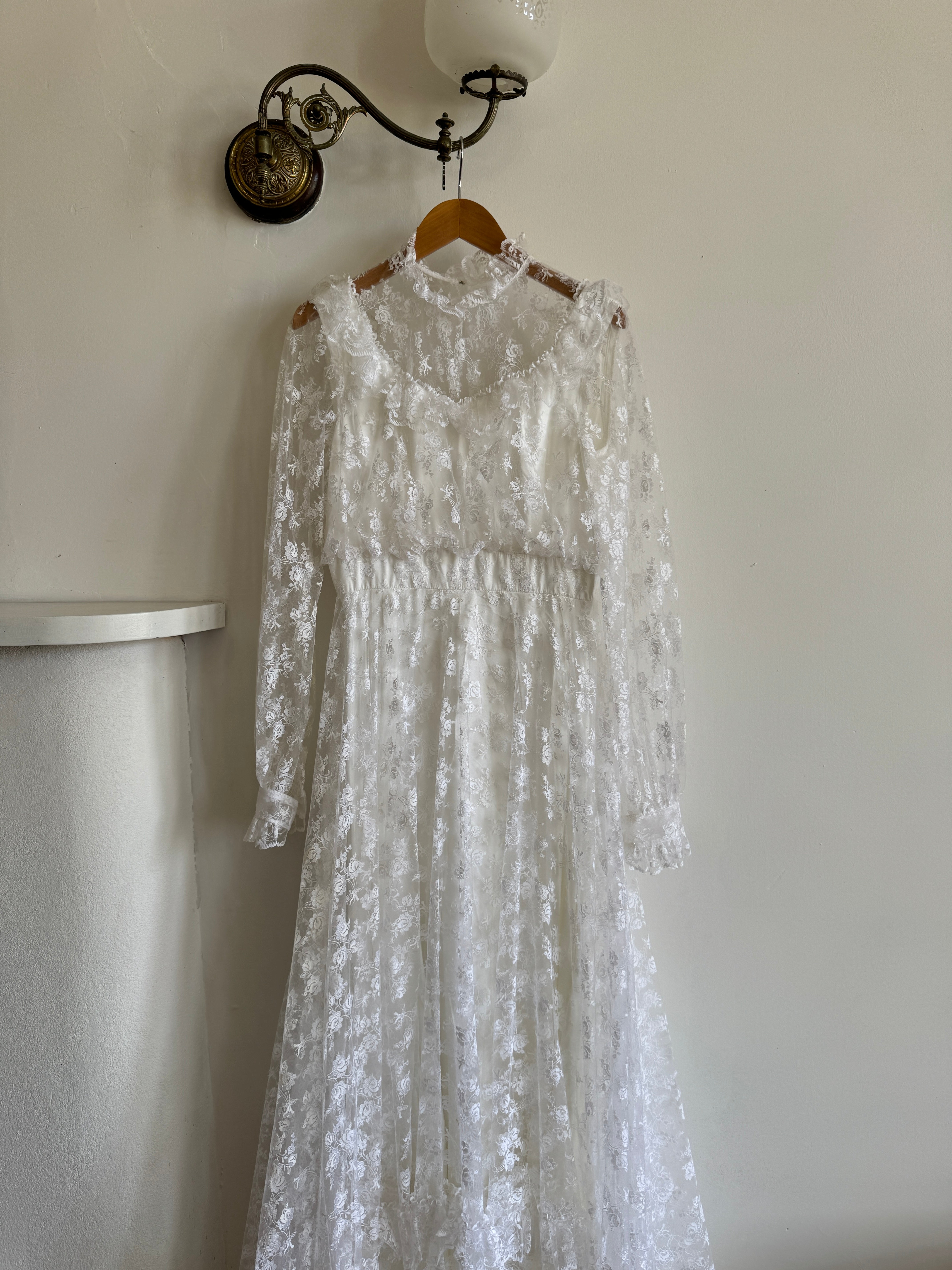 Vintage 70s Lace Prairie Wedding Gown White