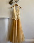 Vintage 80s Golden Chiffon Peplum Evening Gown