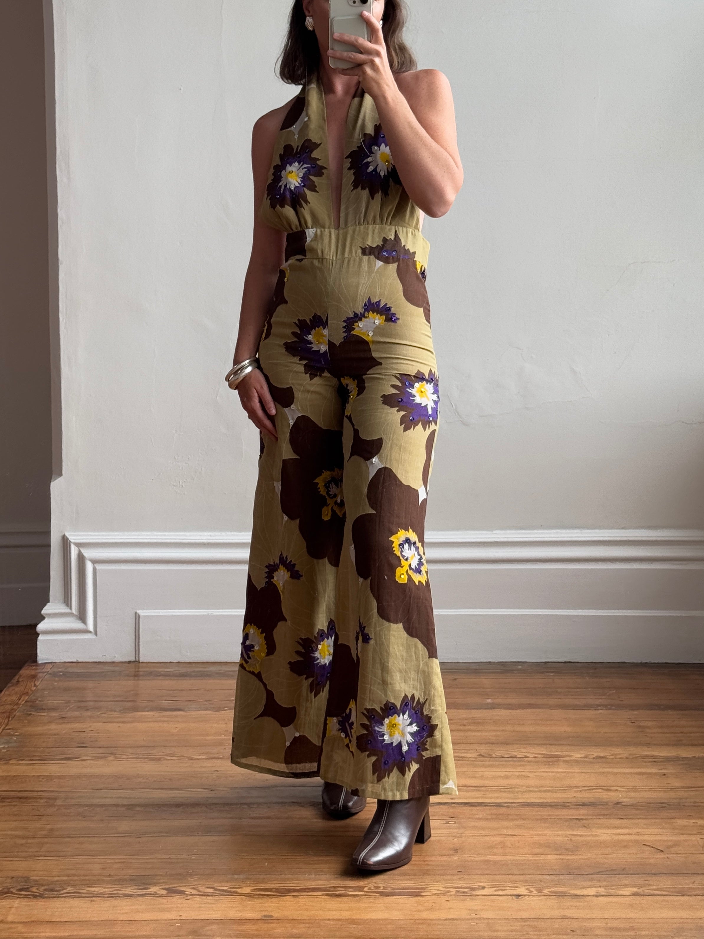 Vintage 70s Floral Backless Palazzo Jumpsuit