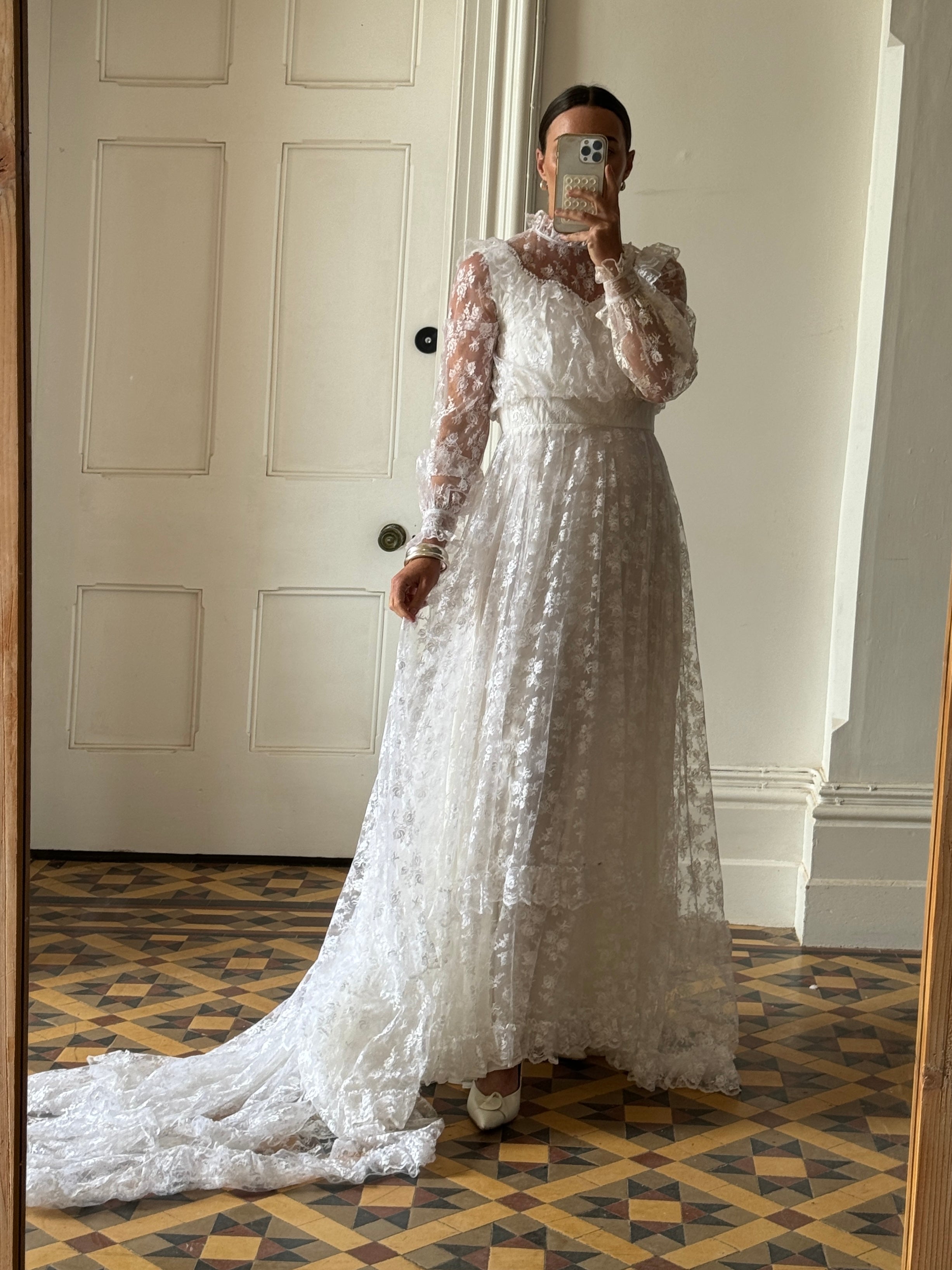 Vintage 70s Lace Prairie Wedding Gown White