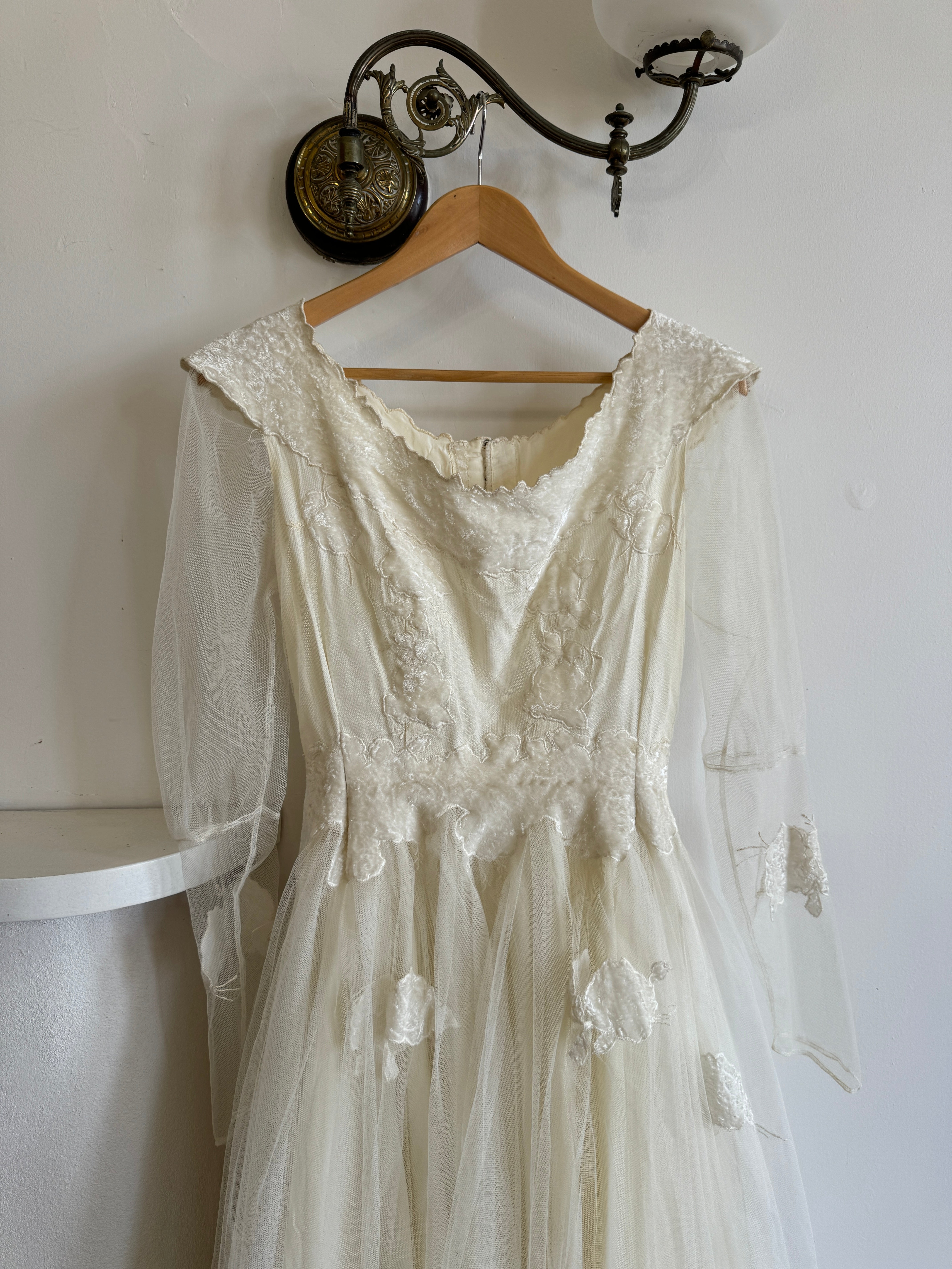 Vintage 70s Tulle and Velvet Long Sleeved Wedding Dress