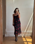 Vintage 90s Black Rose Crinkle Slip Sundress