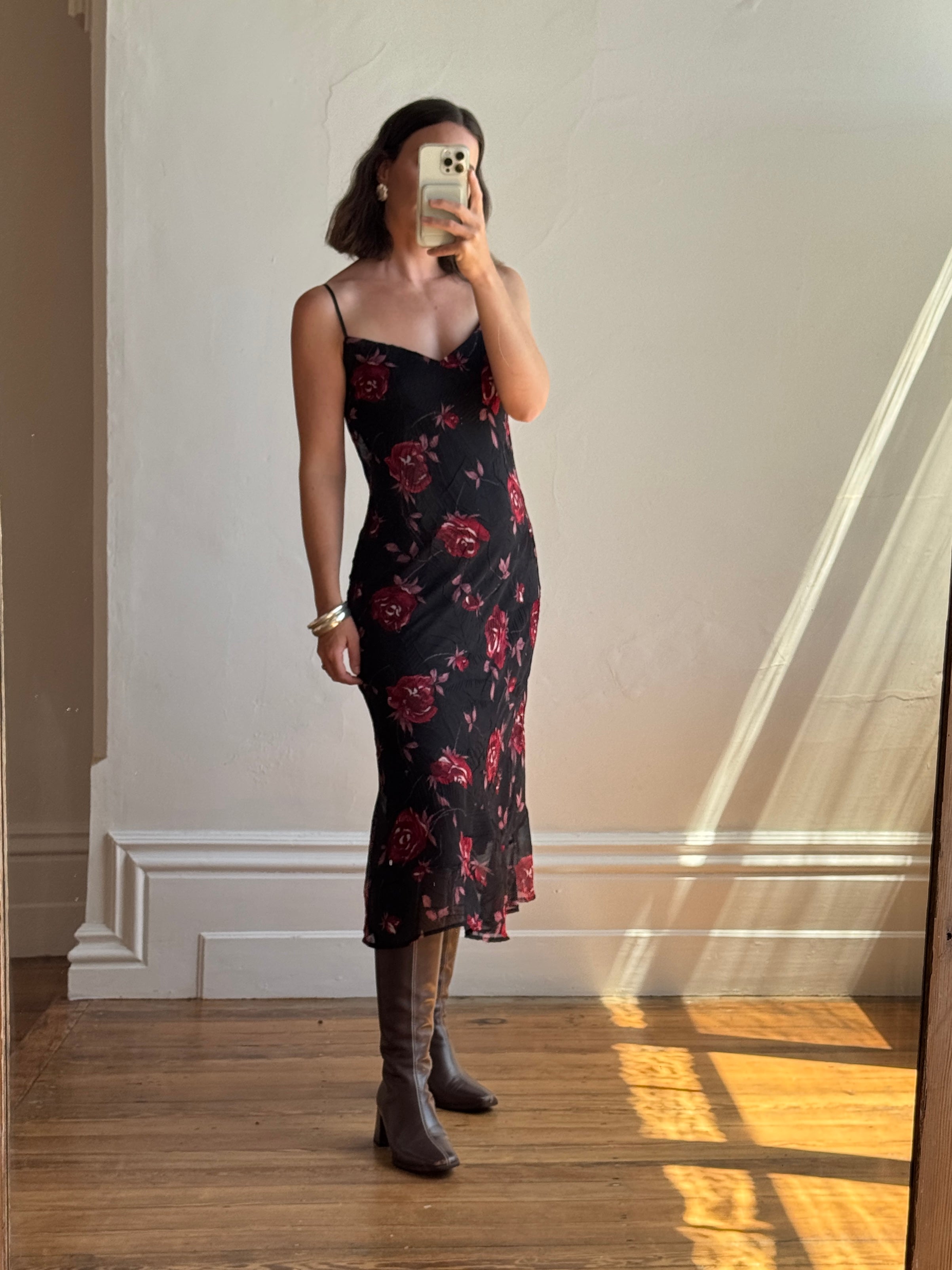 Vintage 90s Black Rose Crinkle Slip Sundress