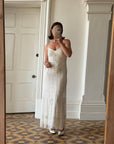 Vintage 90s Pure Silk Beaded Bridal Halter Midi Dress