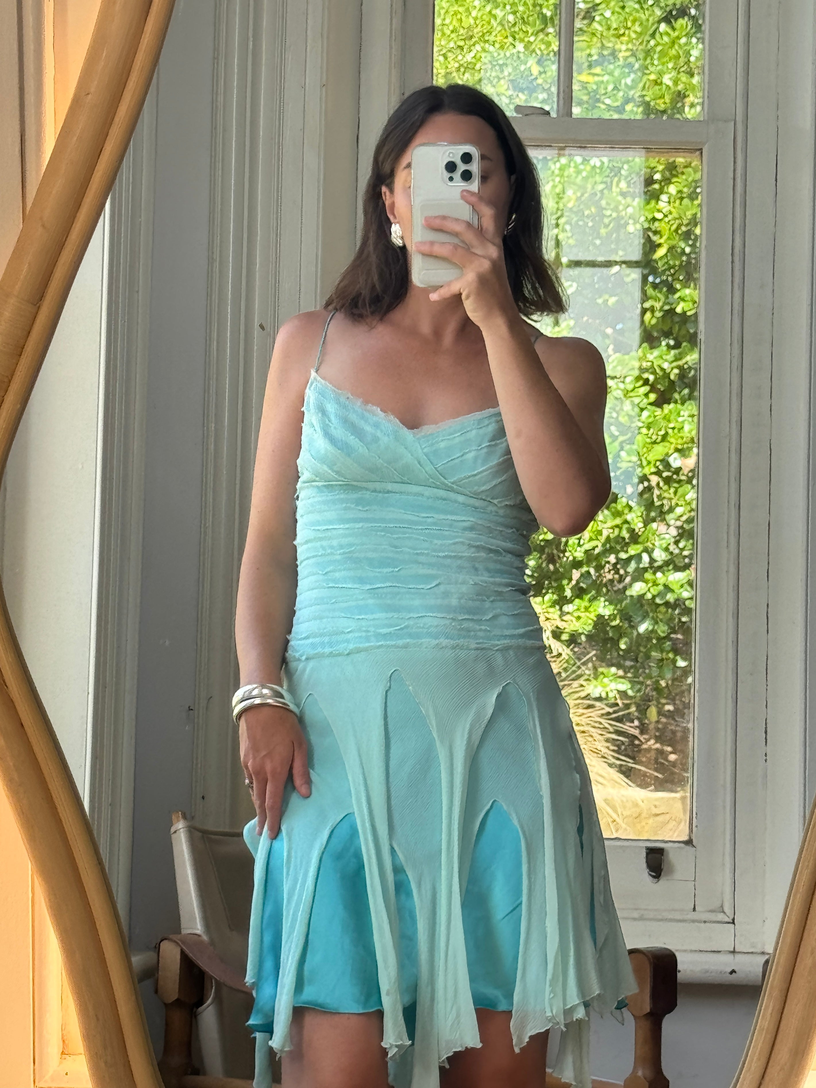 Vintage 90s Pure Silk Fairy Dress Aqua