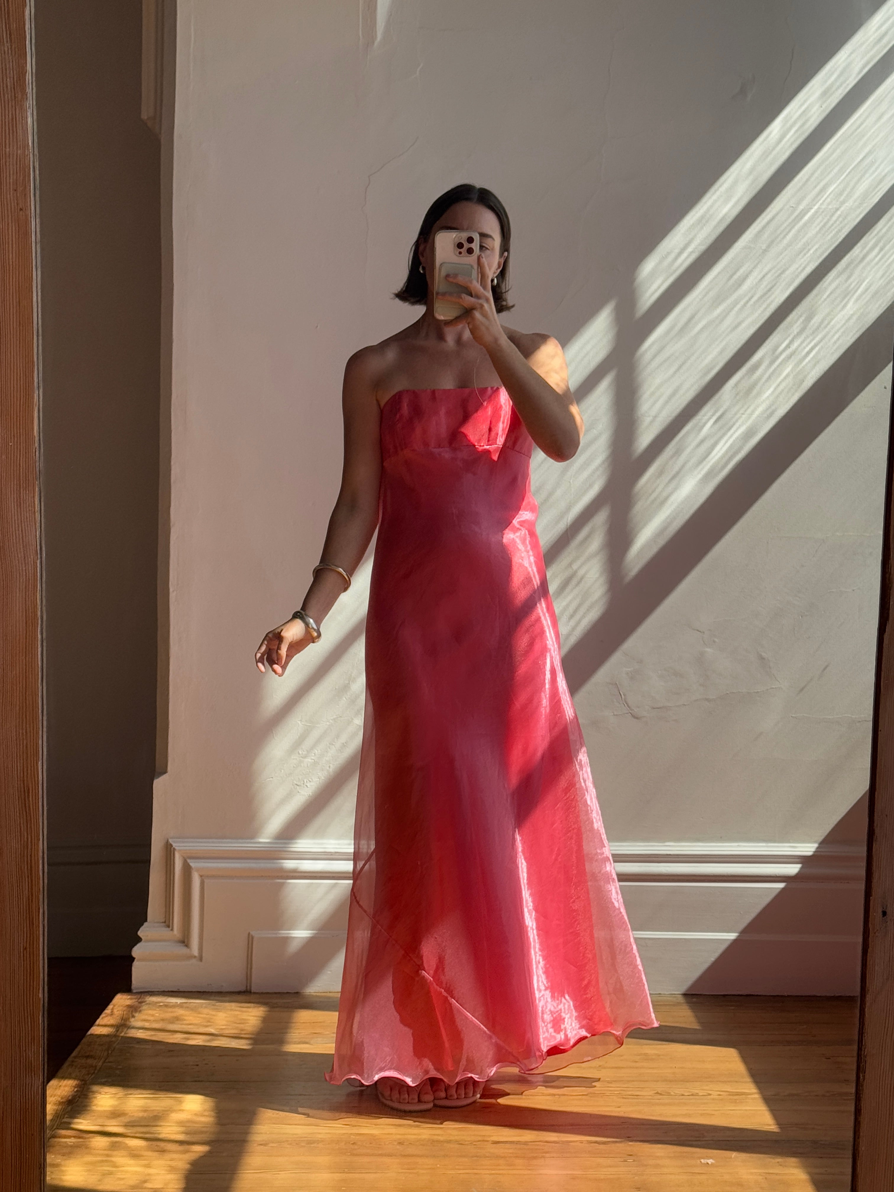 Vintage 90s Watermelon Shimmer Organza Strapless Gown