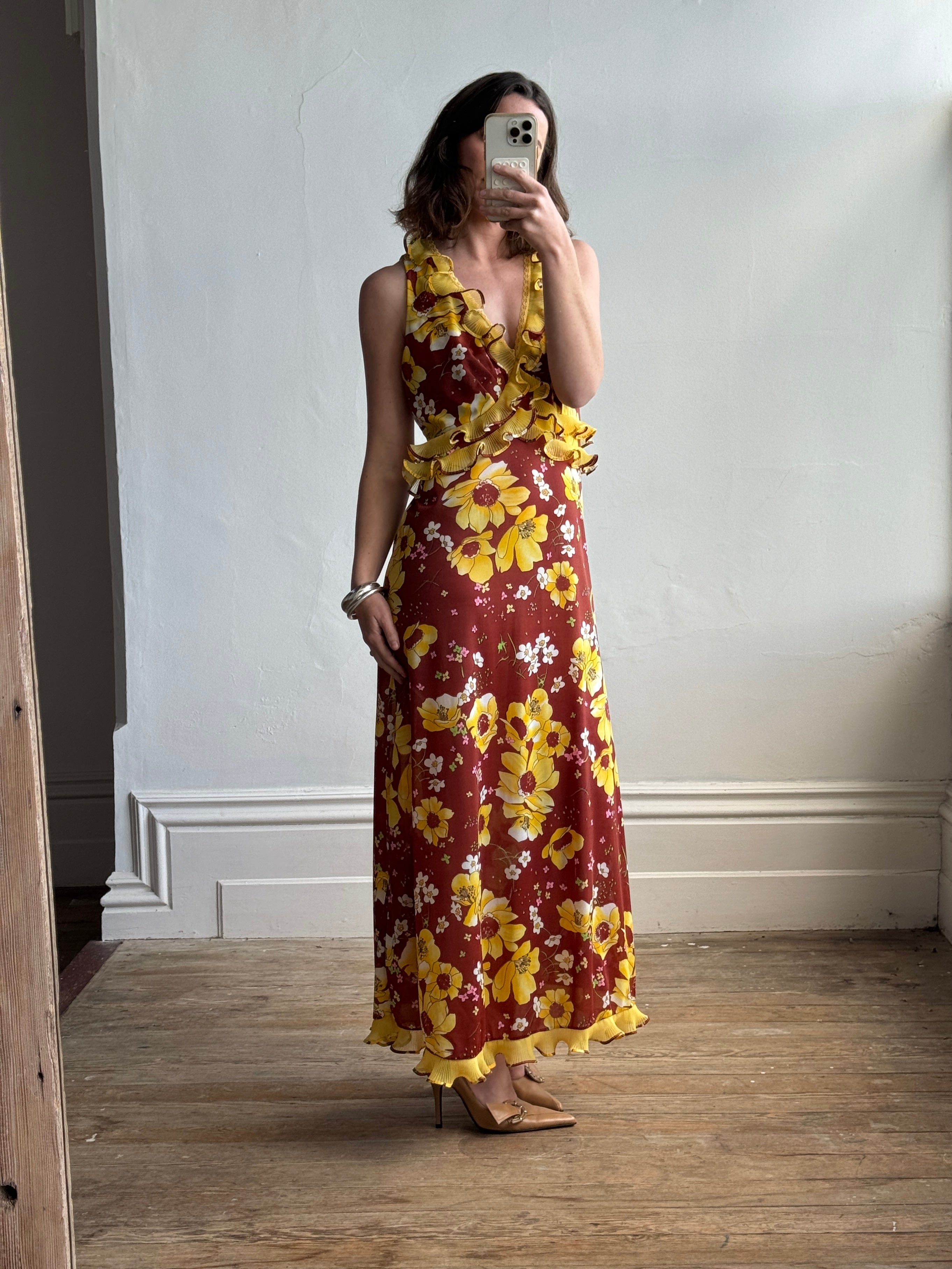 Vintage Italian Floral Ruffle Maxi Dress