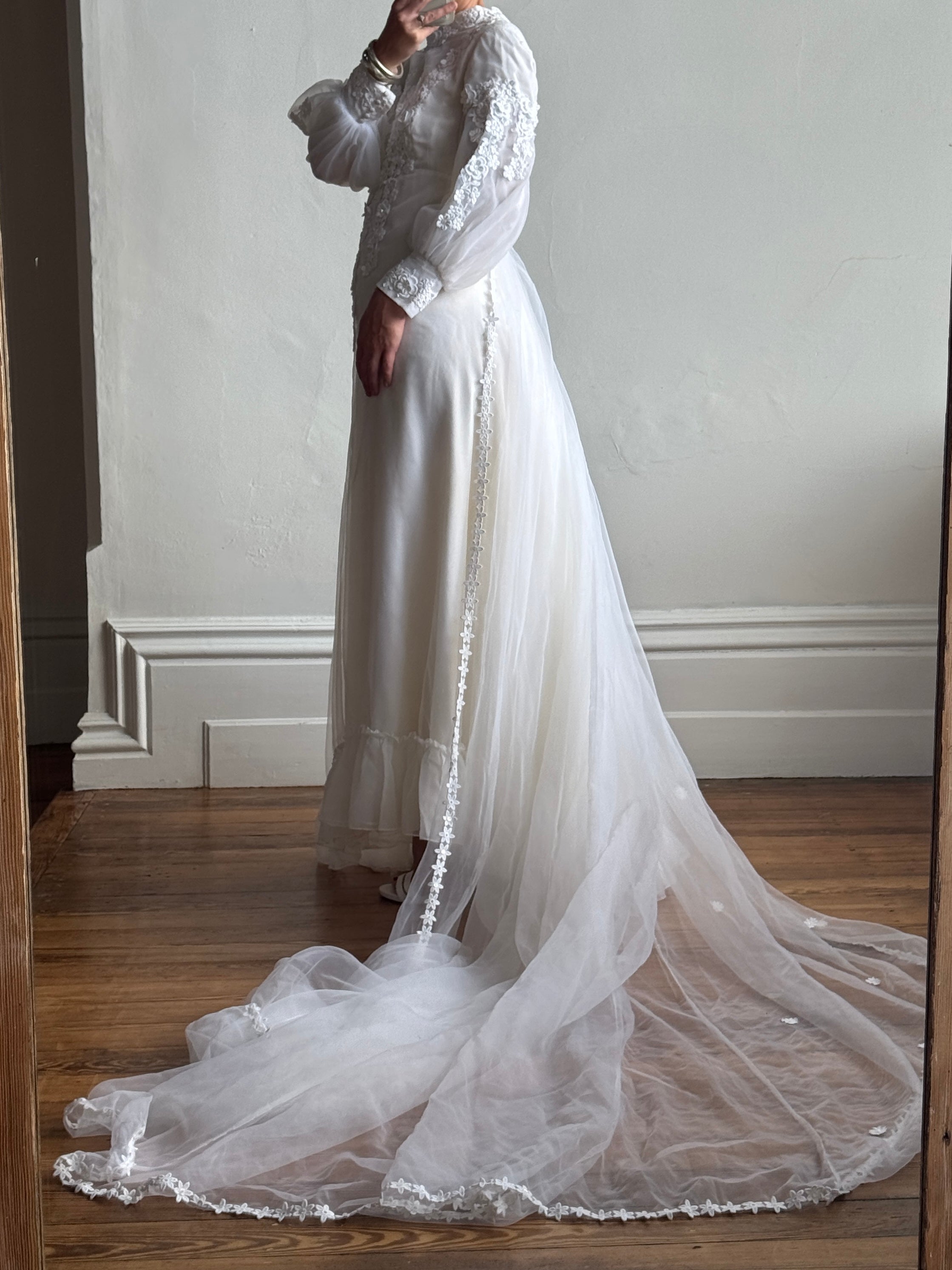 Vintage 60s Chiffon Floral Applique Wedding Gown with Sheer Daisy Train