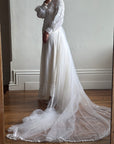 Vintage 60s Chiffon Floral Applique Wedding Gown with Sheer Daisy Train