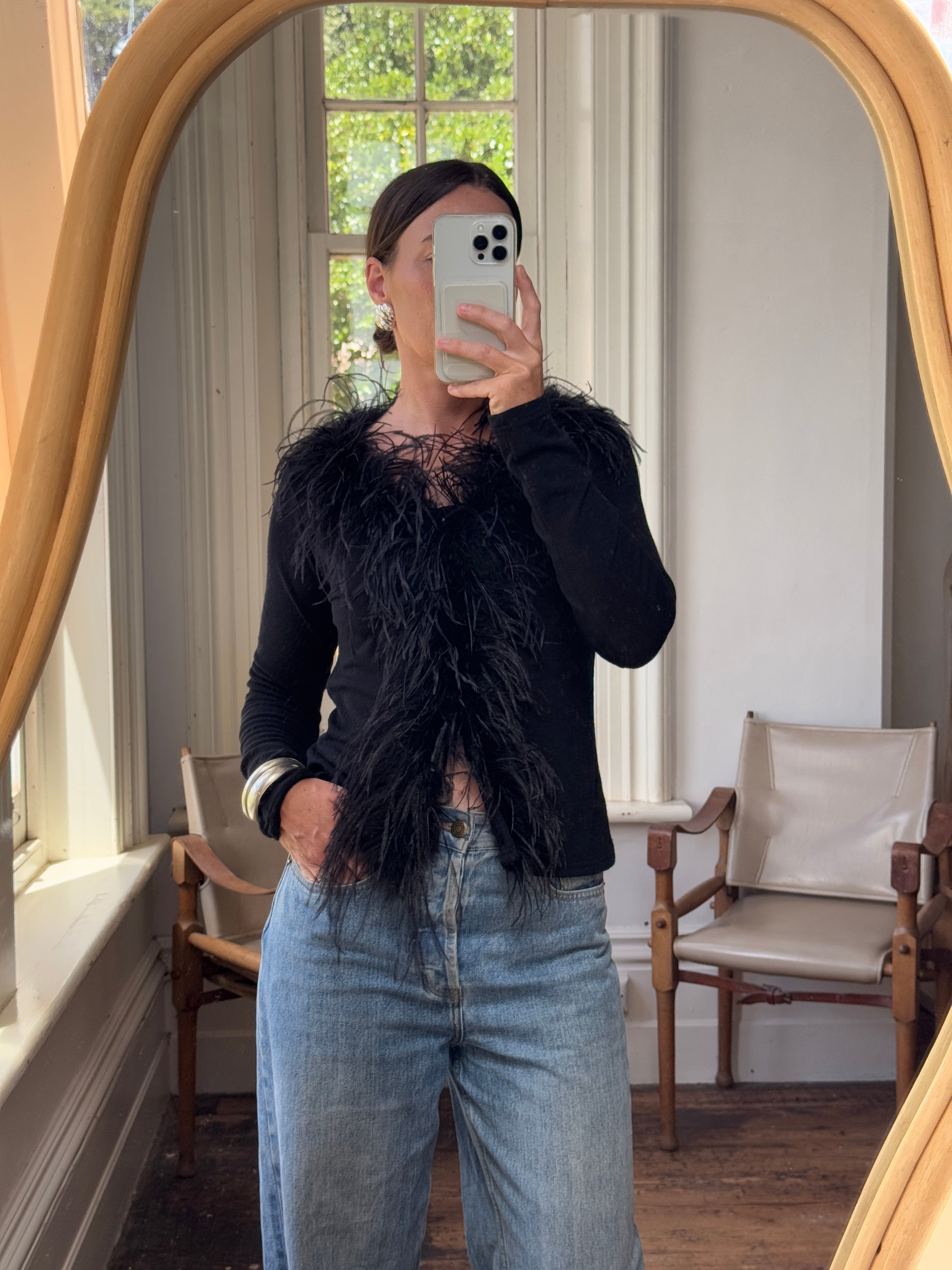 Vintage 90s Ostrich Feather Cardi Noir