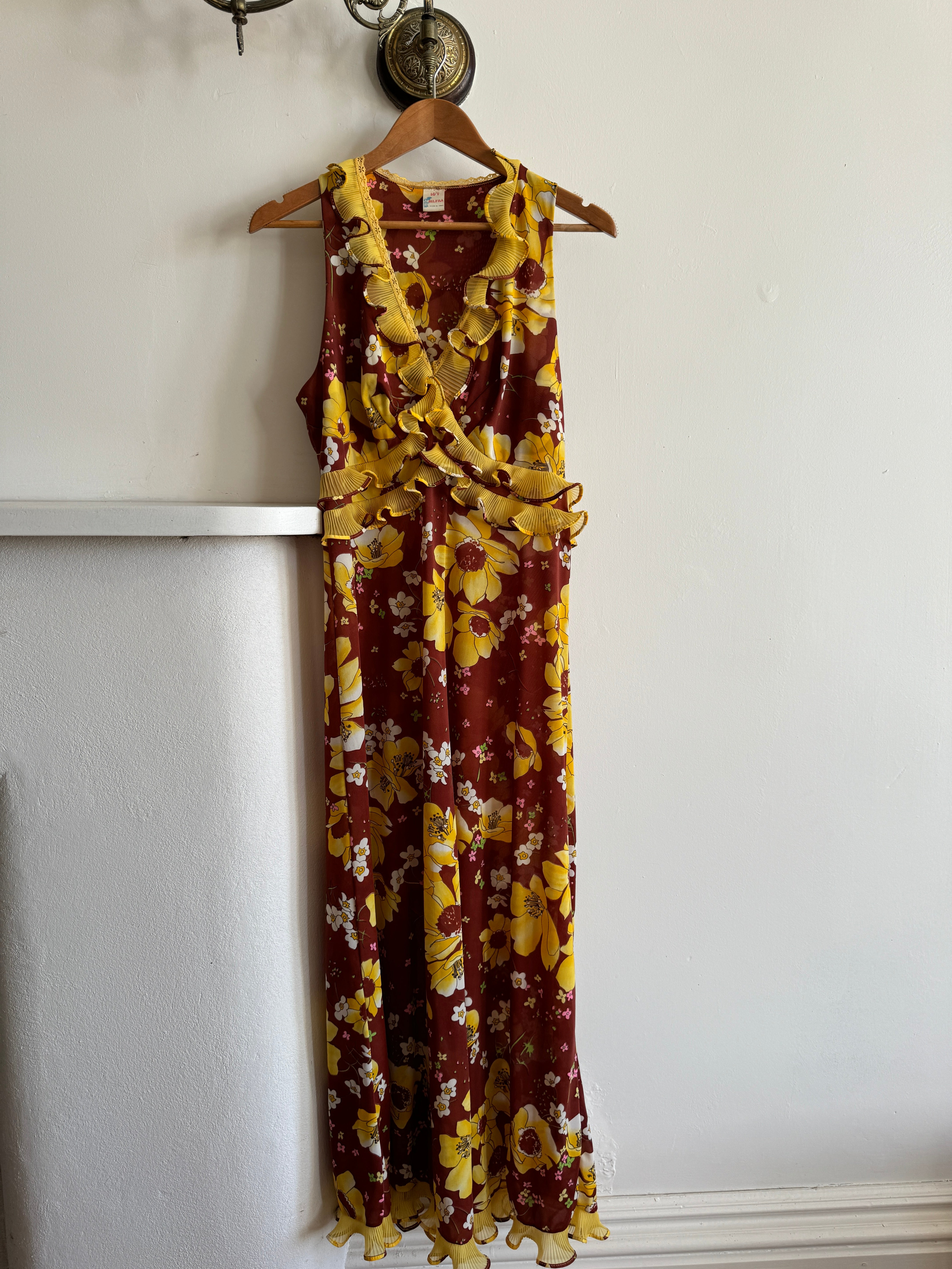 Vintage Italian Floral Ruffle Maxi Dress