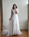 Vintage 70s Embroidered Lace Wedding Gown With Train