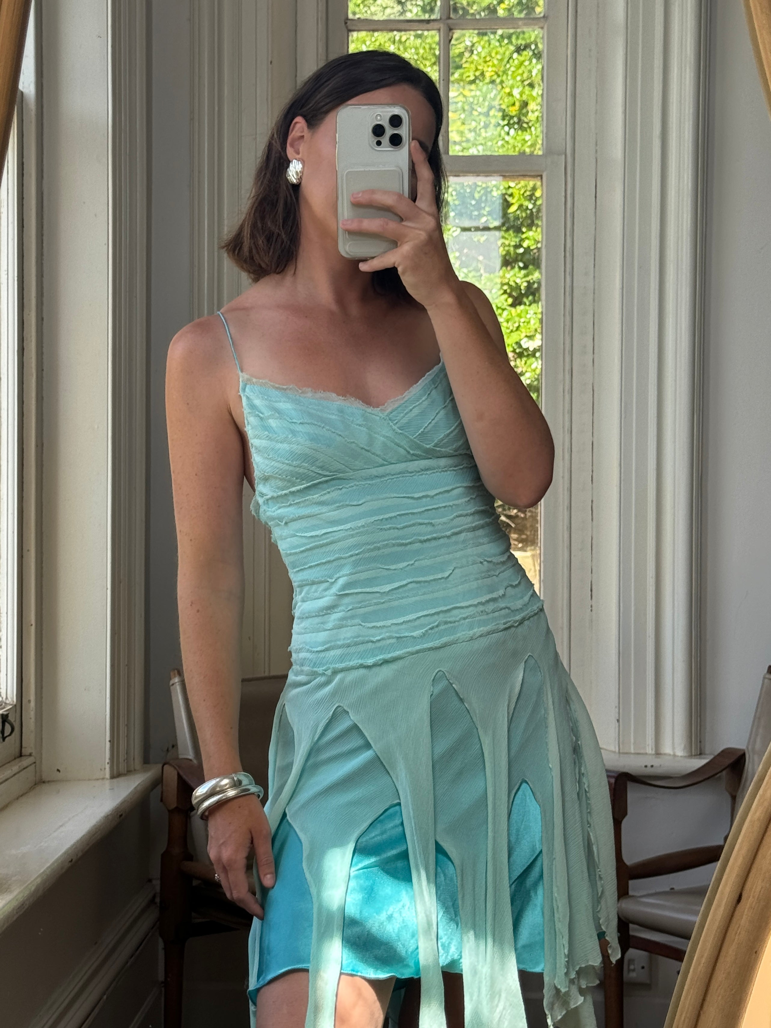 Vintage 90s Pure Silk Fairy Dress Aqua