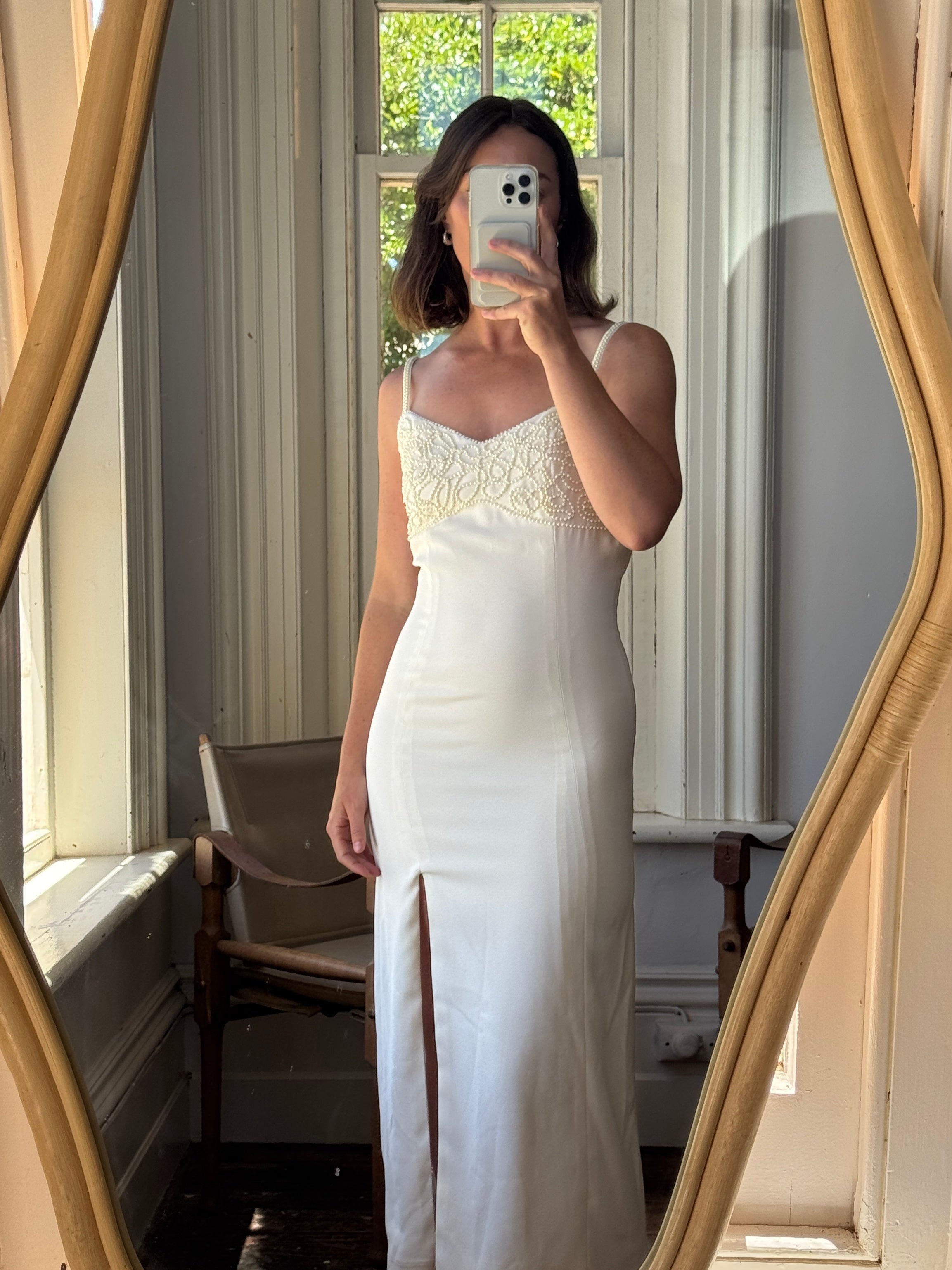 Vintage 90s Pearl Crepe Bridal Midi with Split