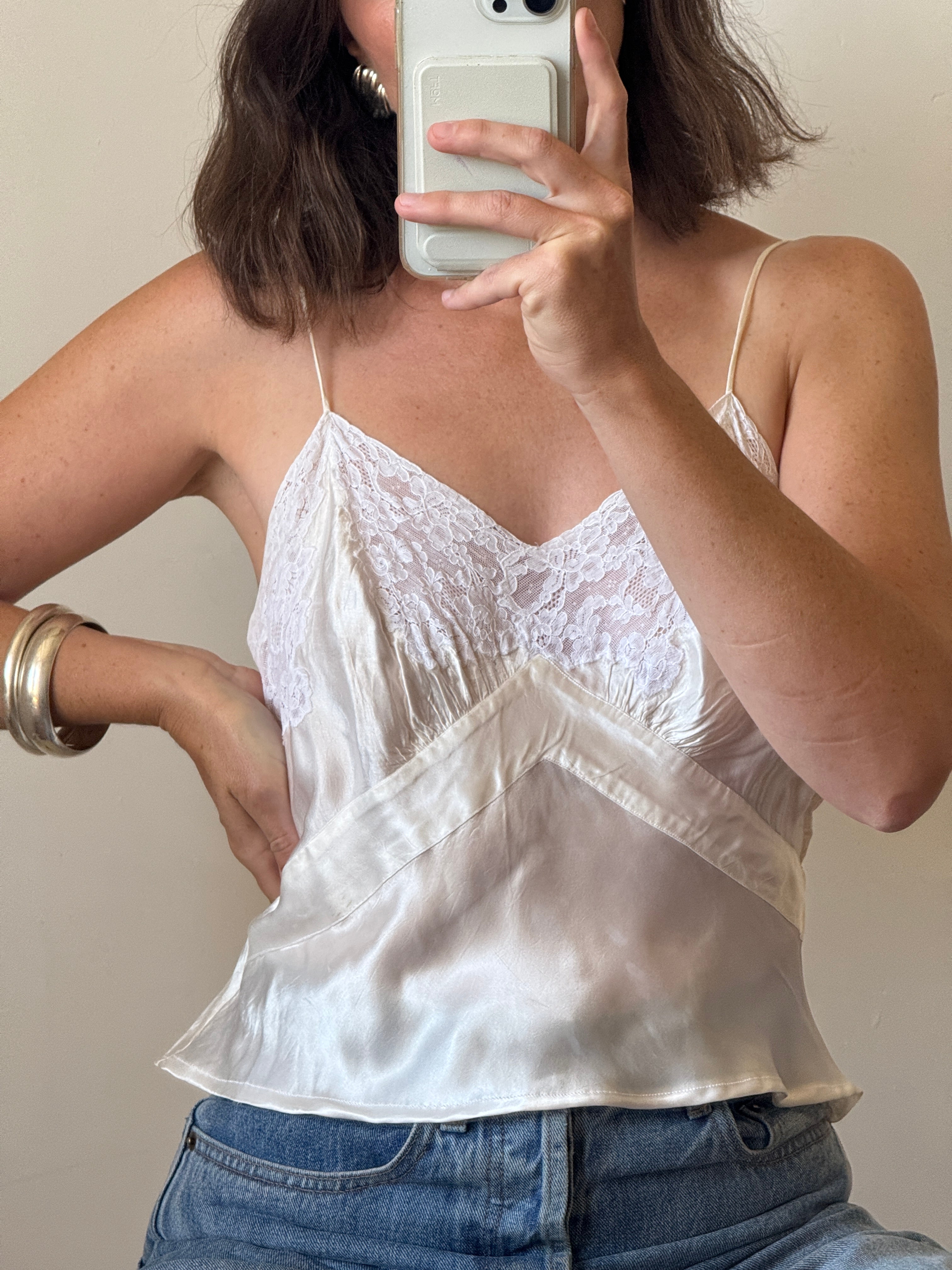 Vintage White Lace Liquid Satin Cropped Camisole