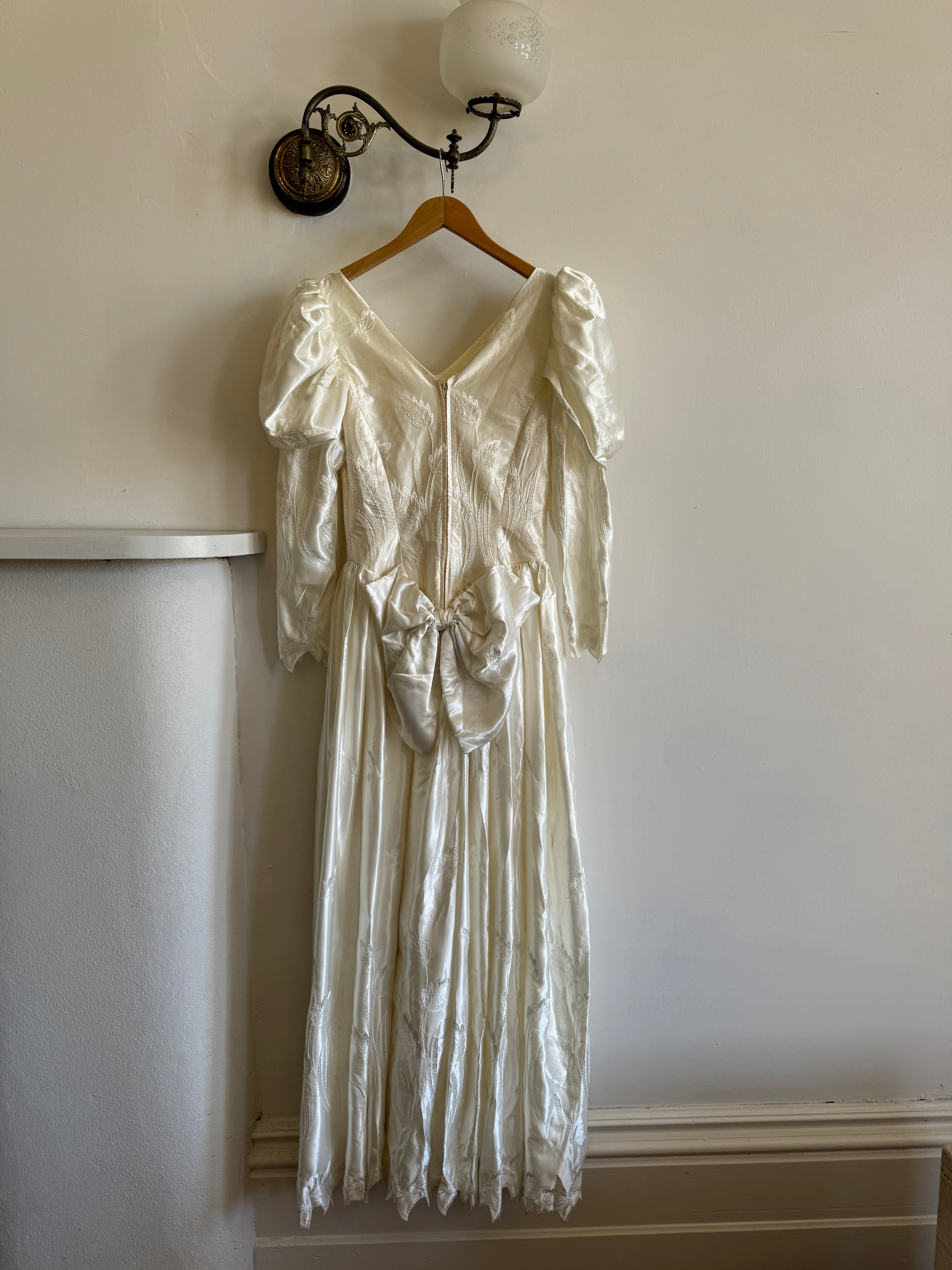 Vintage 80s Puff Sleeve Vine Satin Wedding Gown