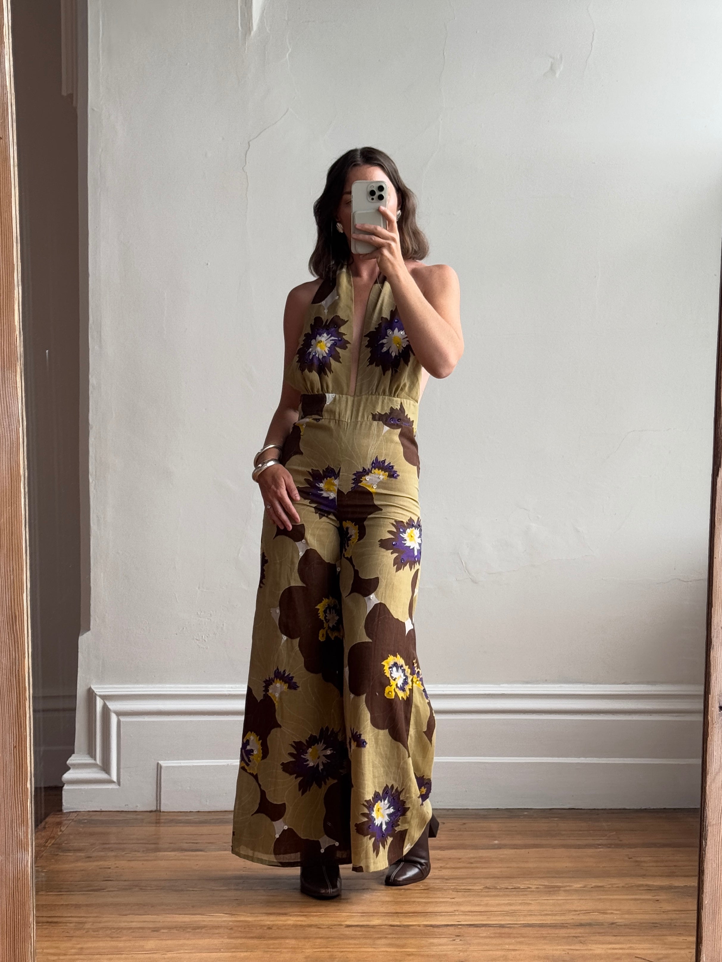 Vintage 70s Floral Backless Palazzo Jumpsuit