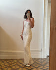 Vintage 90s Pure Silk One Shoulder Bias Cut Beaded Gown Ivory